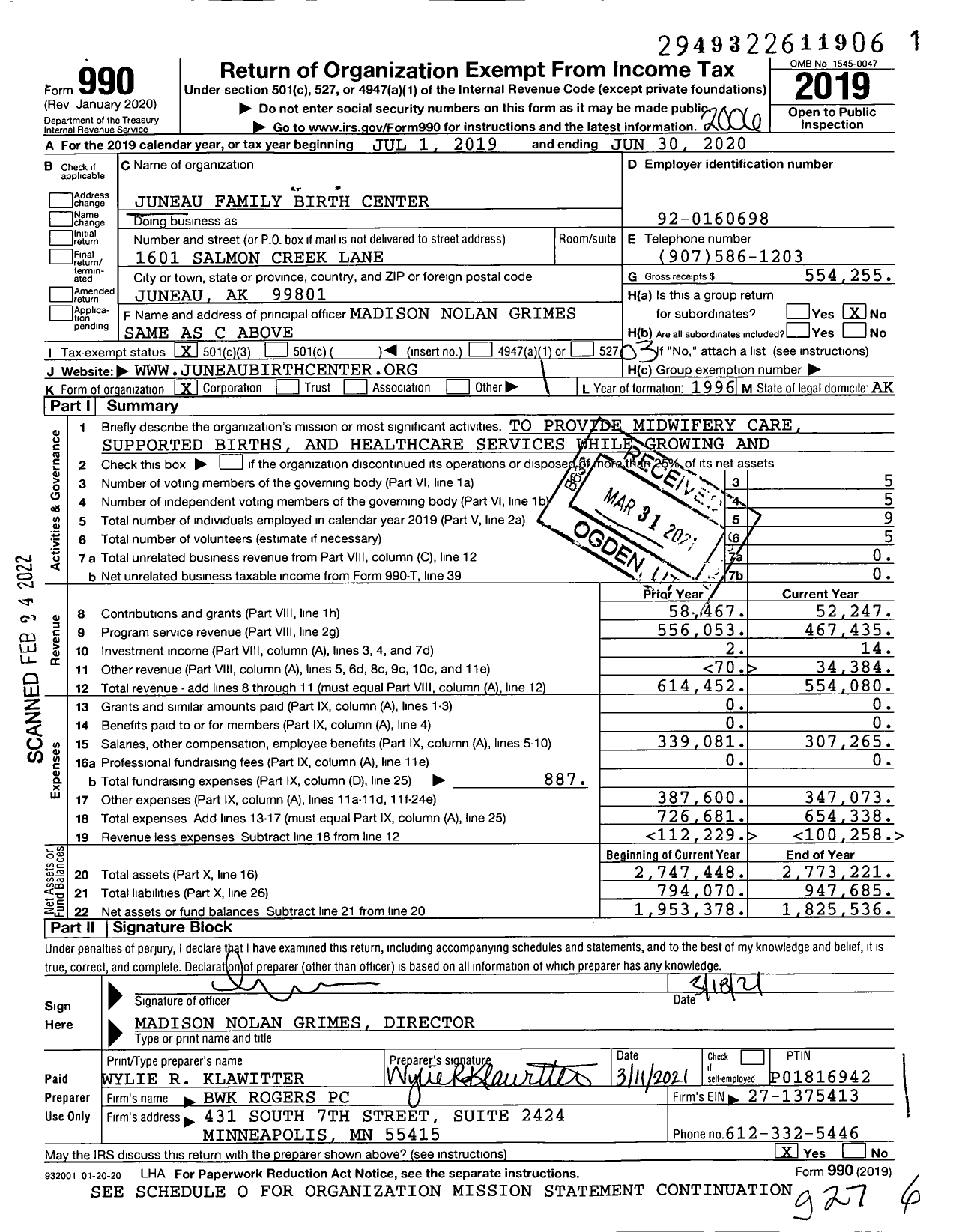 Image of first page of 2019 Form 990 for Juneau Family Birth Center