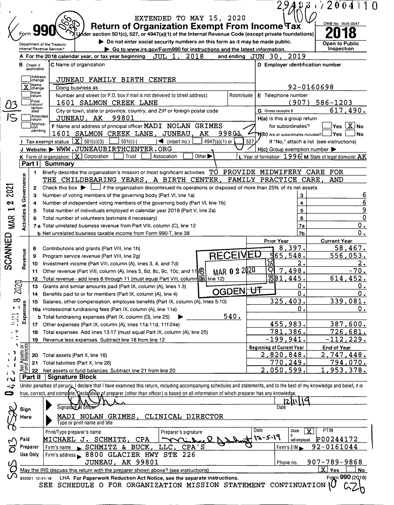 Image of first page of 2018 Form 990 for Juneau Family Birth Center