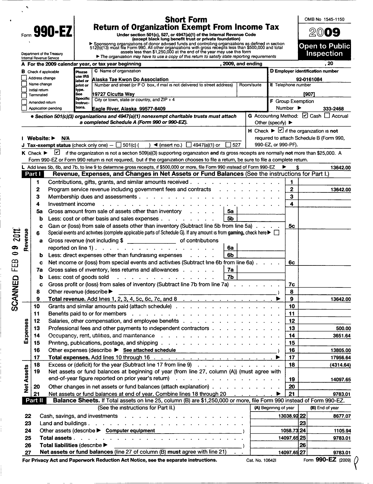 Image of first page of 2009 Form 990EO for Alaska State Tae Kwon Do Association