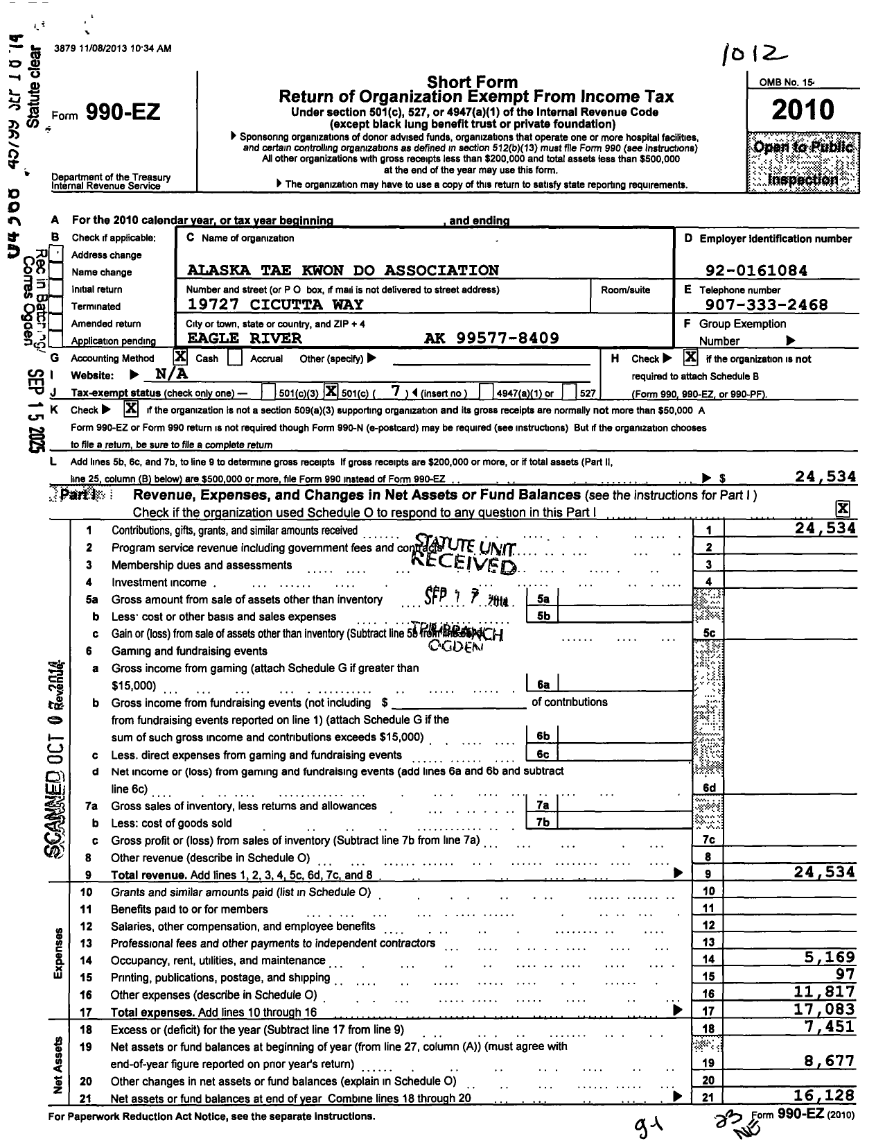 Image of first page of 2010 Form 990EO for Alaska State Tae Kwon Do Association