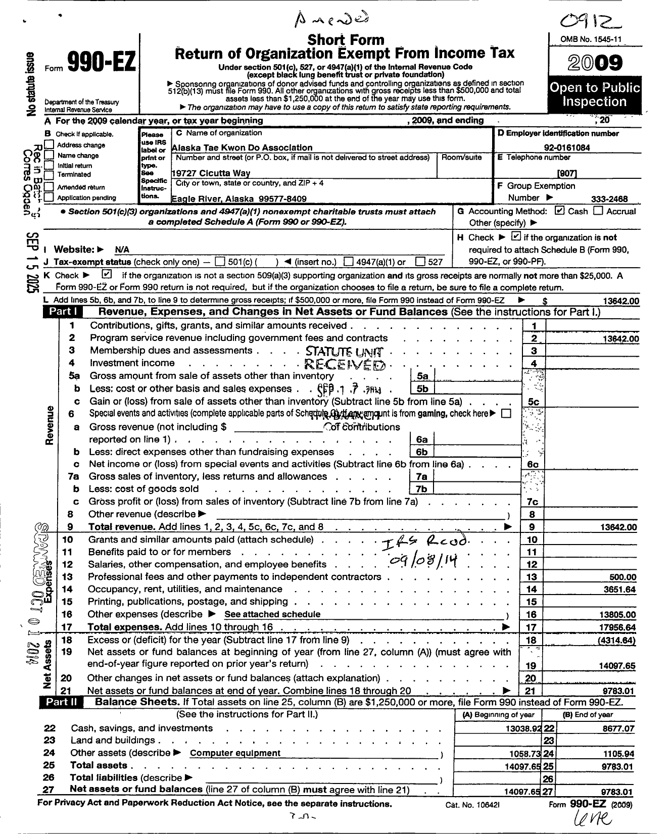 Image of first page of 2009 Form 990EO for Alaska State Tae Kwon Do Association