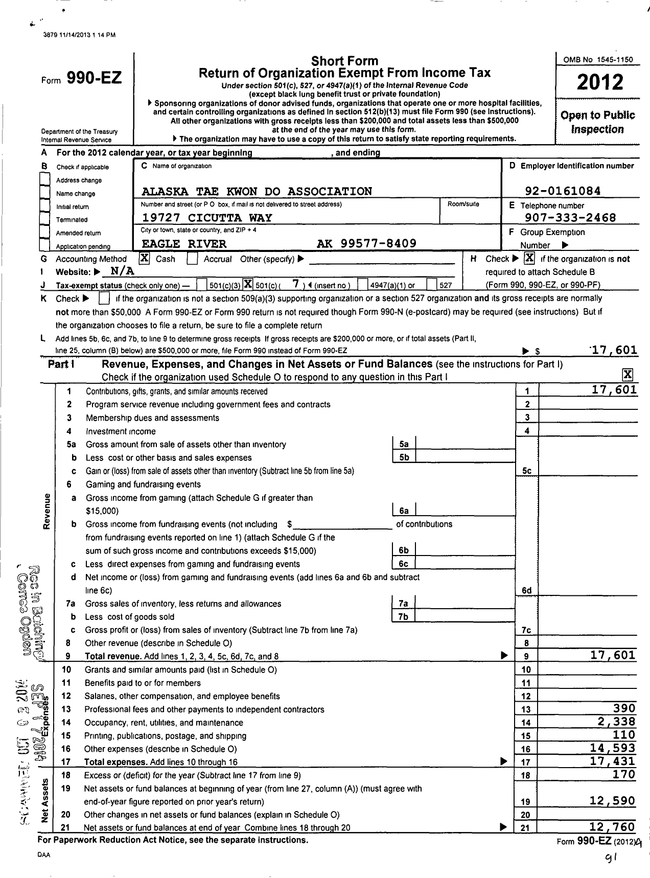 Image of first page of 2012 Form 990EO for Alaska State Tae Kwon Do Association