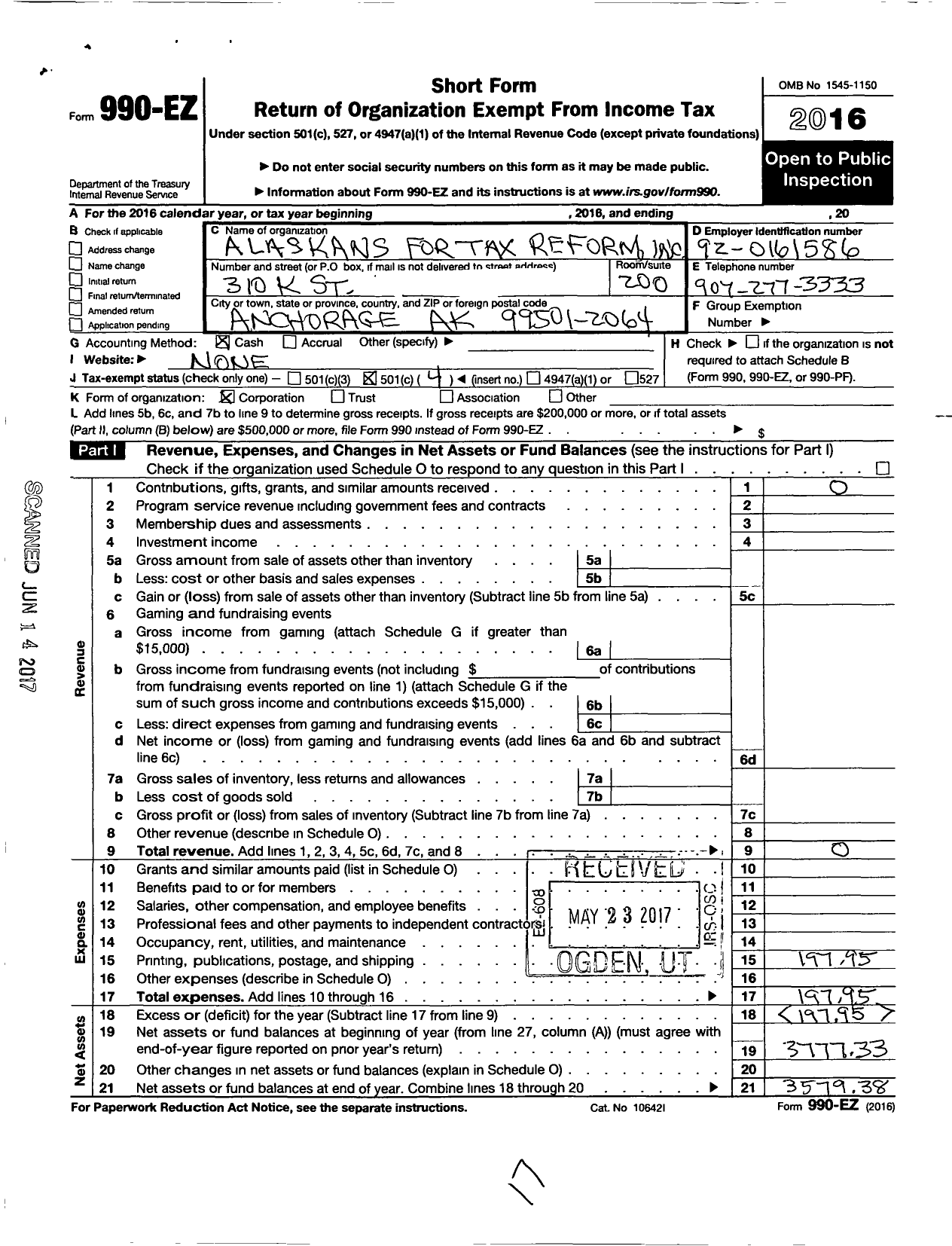 Image of first page of 2016 Form 990EO for Alaskans for Tax Reform