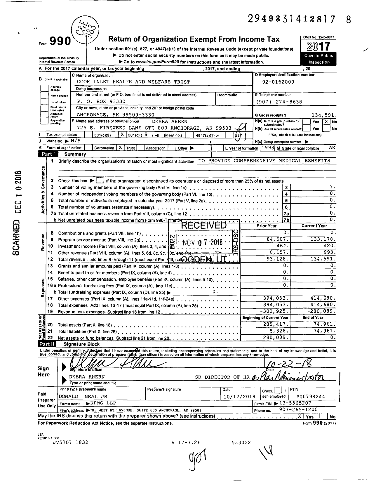 Image of first page of 2017 Form 990O for Cook Inlet Health and Welfare Trust