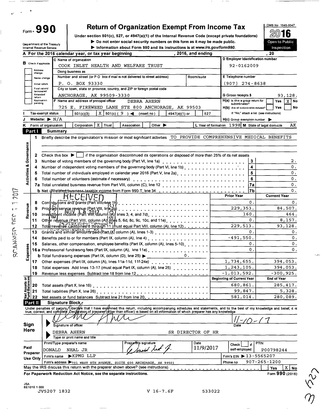 Image of first page of 2016 Form 990O for Cook Inlet Health and Welfare Trust