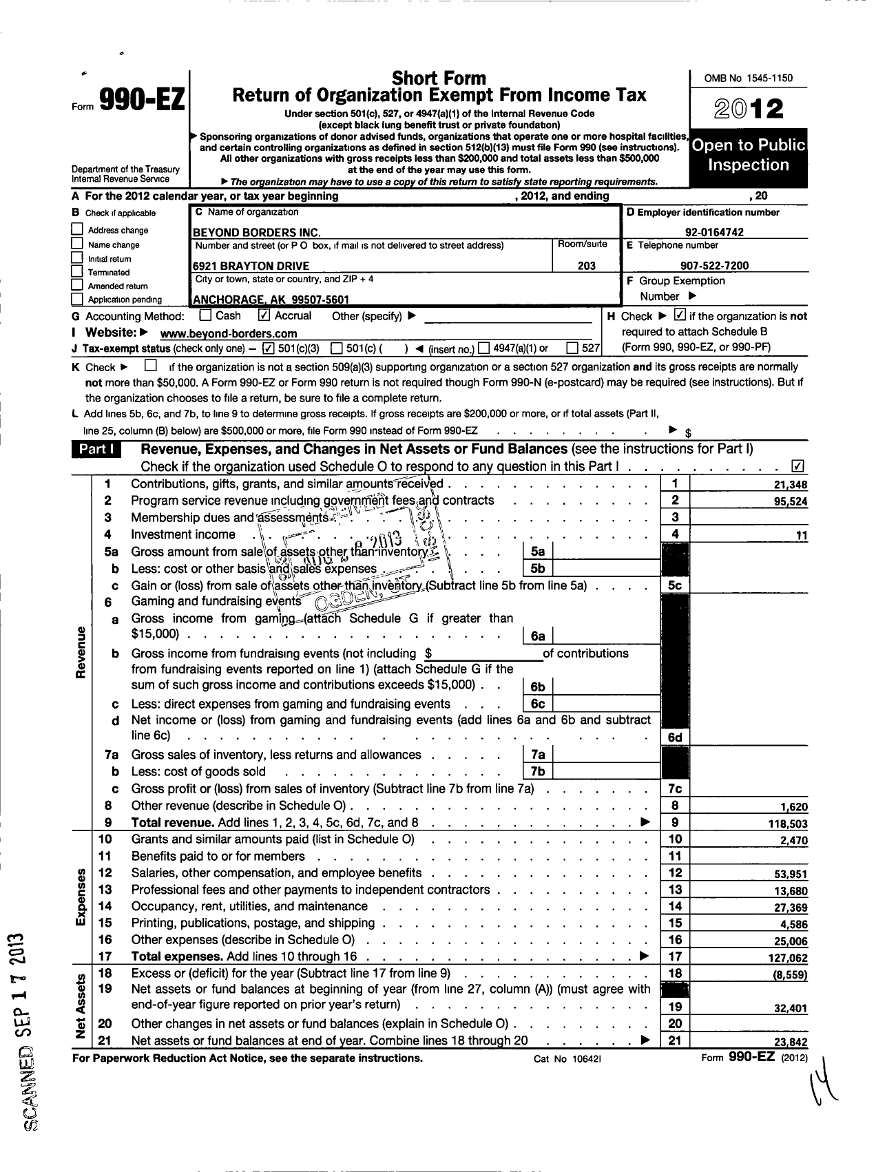 Image of first page of 2012 Form 990EZ for Beyond Borders