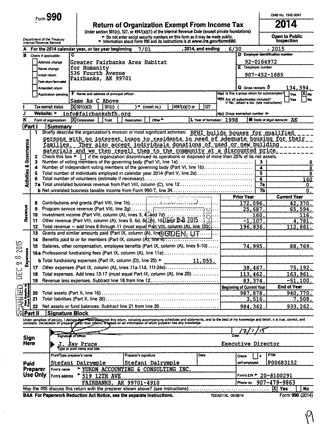 Image of first page of 2014 Form 990 for Greater Fairbanks Area Habitat for Humanity