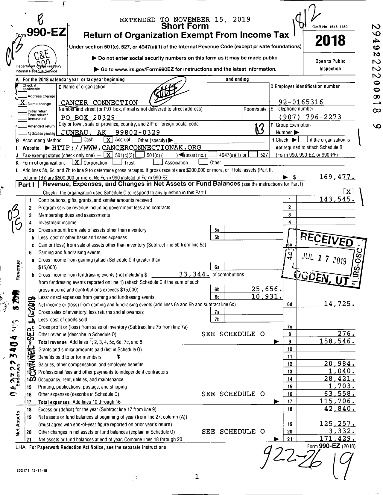 Image of first page of 2018 Form 990EZ for Cancer Connection