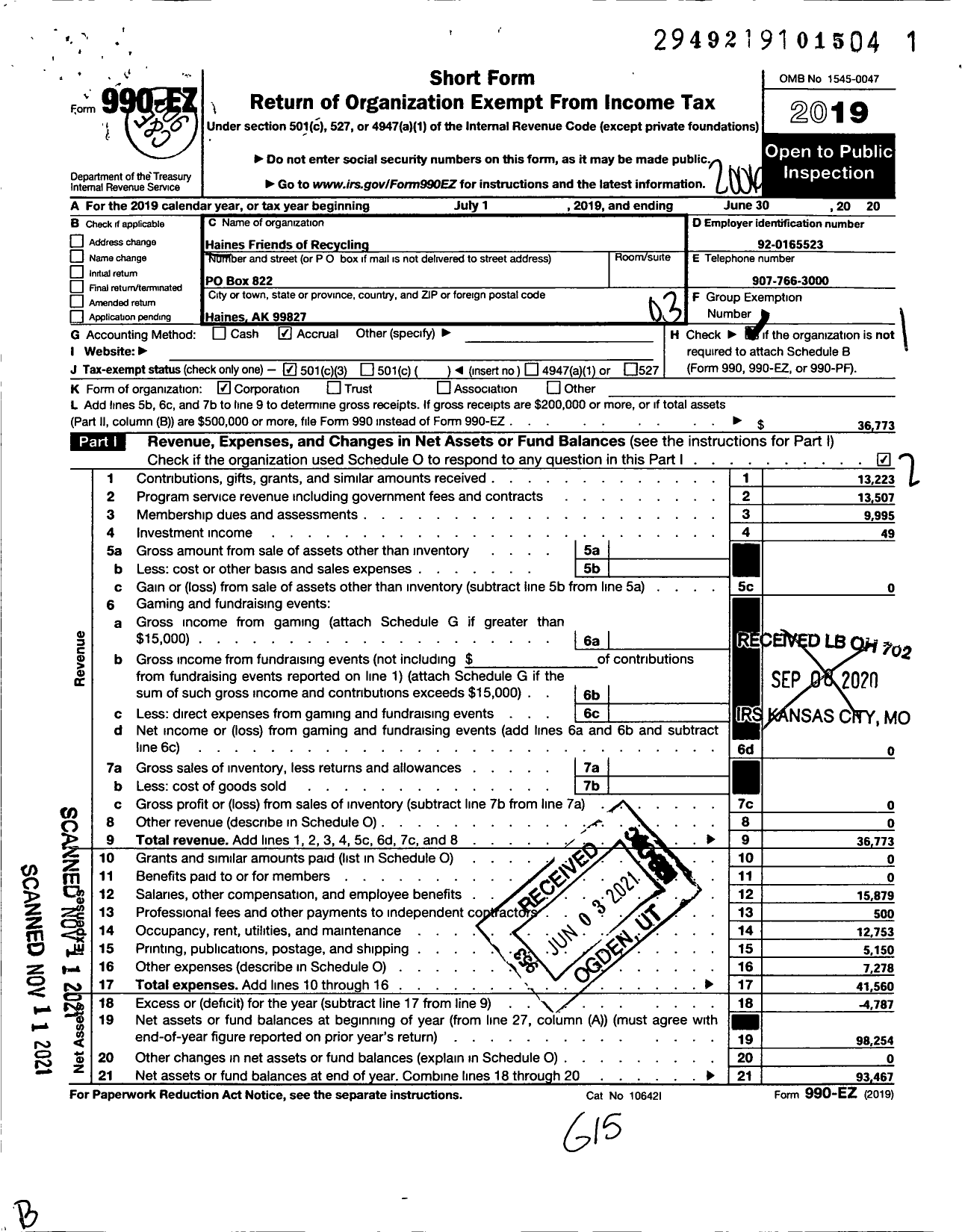Image of first page of 2019 Form 990EZ for Haines FRIENDS OF RECYCLING