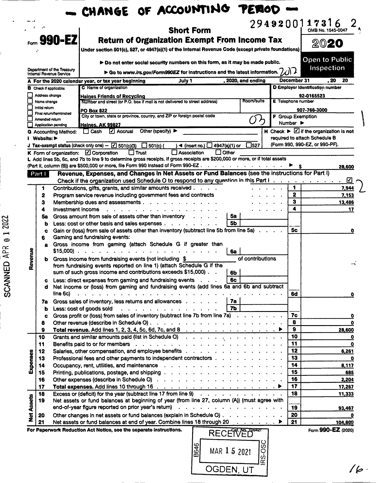 Image of first page of 2020 Form 990EZ for Haines FRIENDS OF RECYCLING