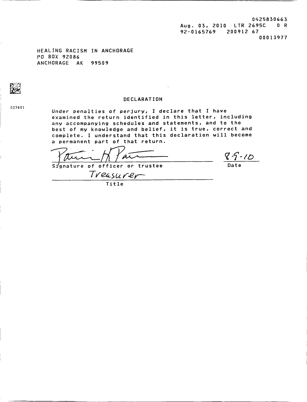 Image of first page of 2009 Form 990ER for Healing Racism in Anchorage