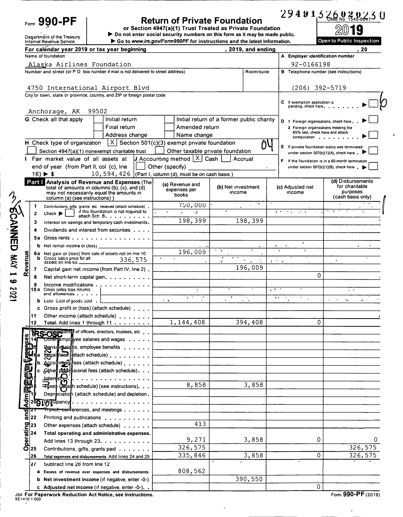 Image of first page of 2019 Form 990PF for Alaska Airlines Foundation