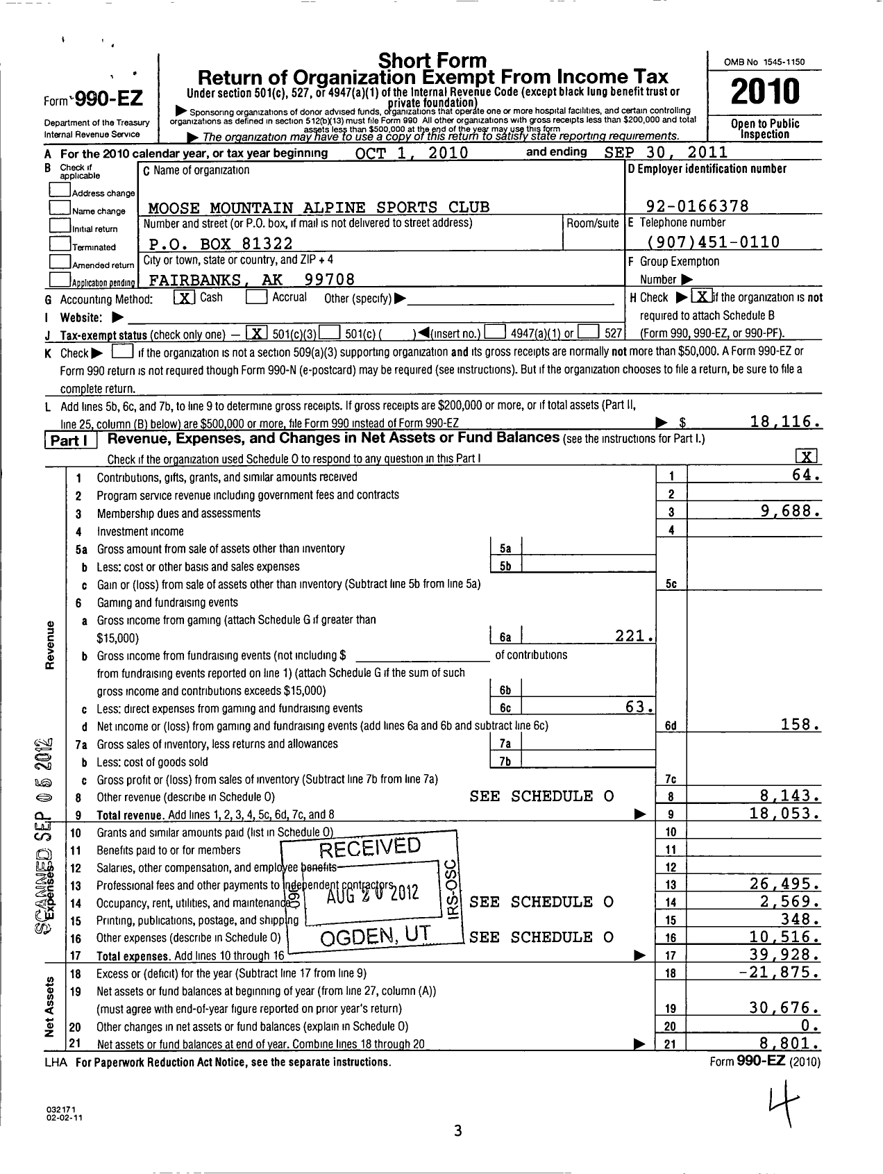 Image of first page of 2010 Form 990EZ for Moose Mountain Alpine Sports Club