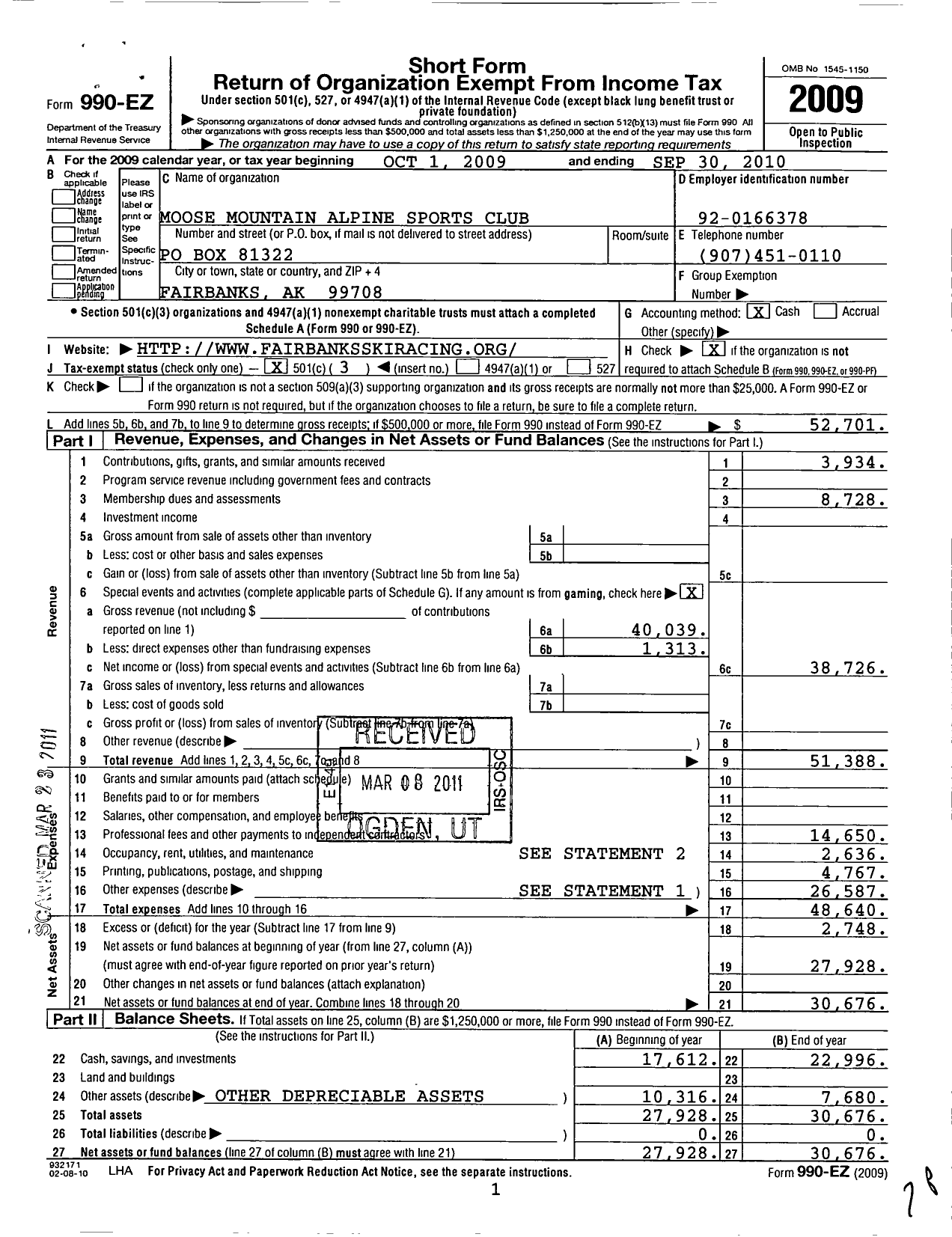 Image of first page of 2009 Form 990EZ for Moose Mountain Alpine Sports Club