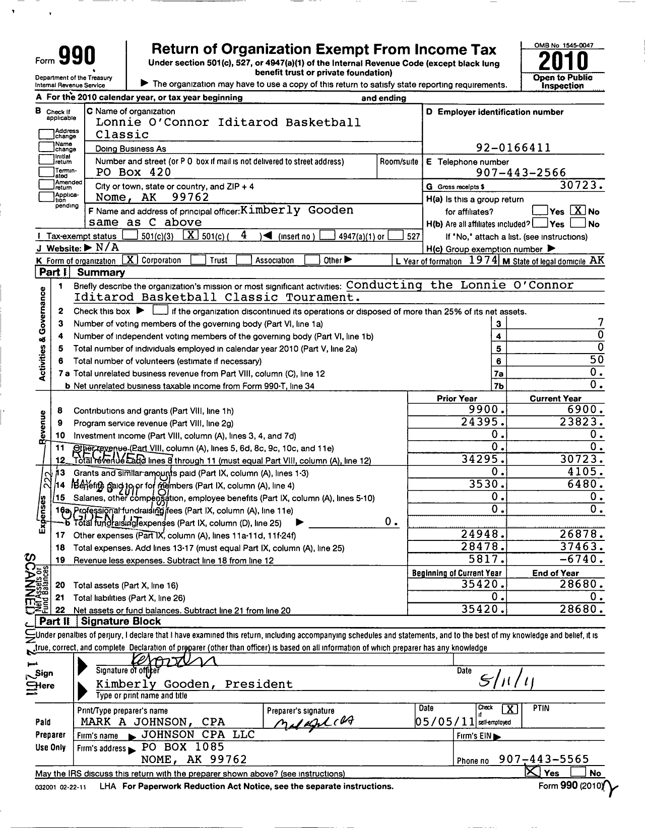 Image of first page of 2010 Form 990O for Lonnie Oconnor Iditarod Basketball