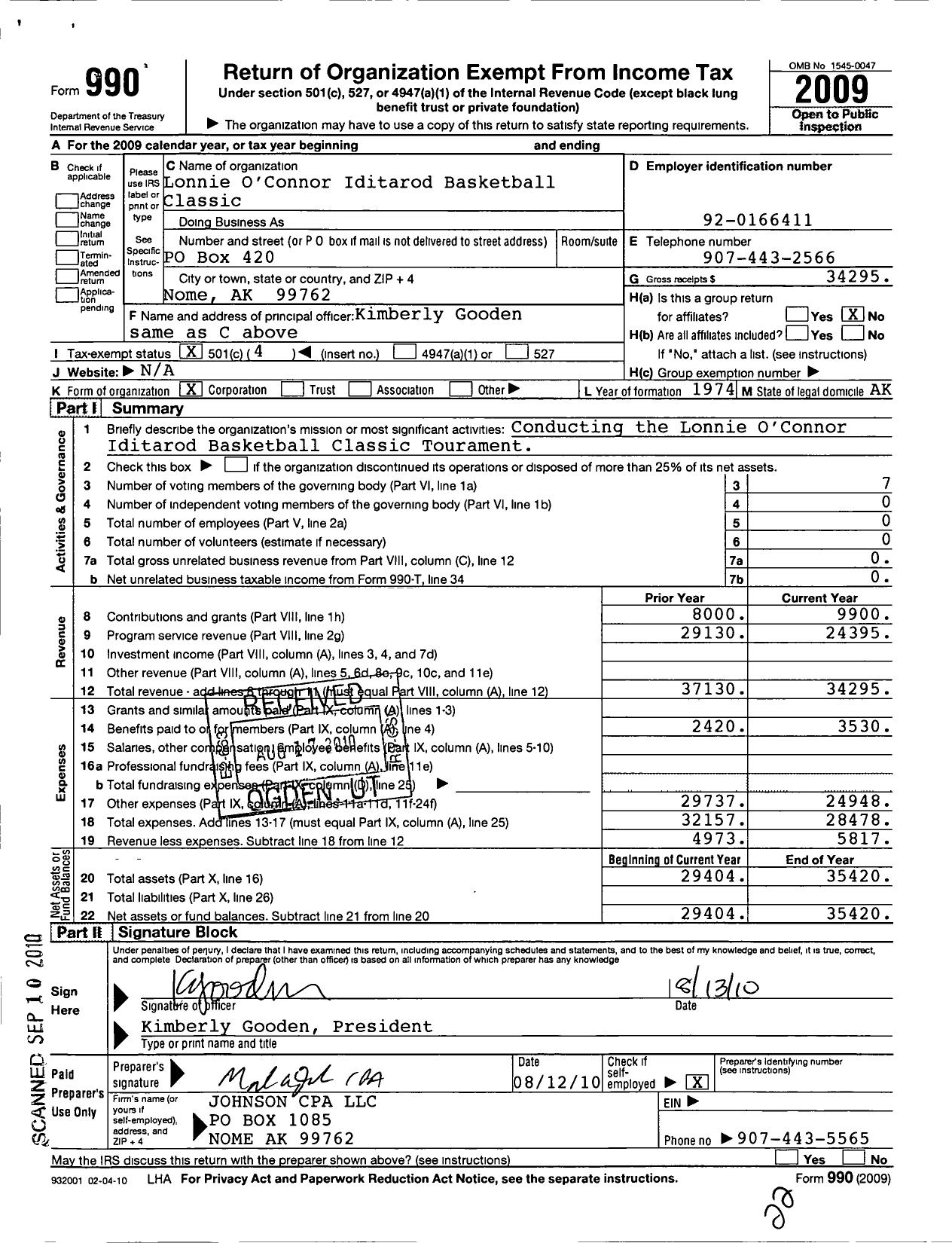 Image of first page of 2009 Form 990O for Lonnie Oconnor Iditarod Basketball