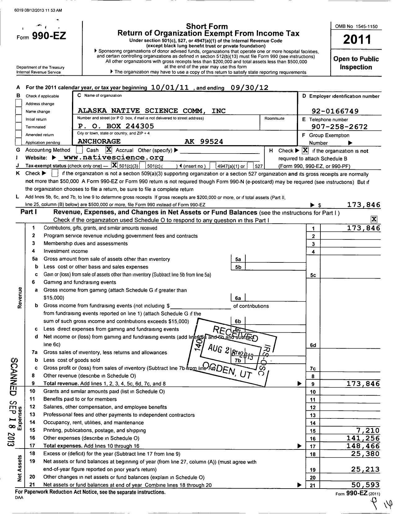 Image of first page of 2011 Form 990EZ for Alaska Native Science Comm