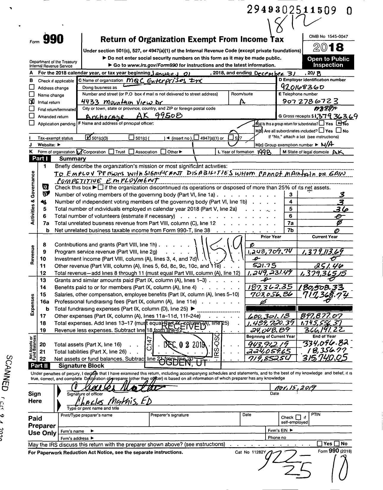 Image of first page of 2018 Form 990 for MQC Enterprises