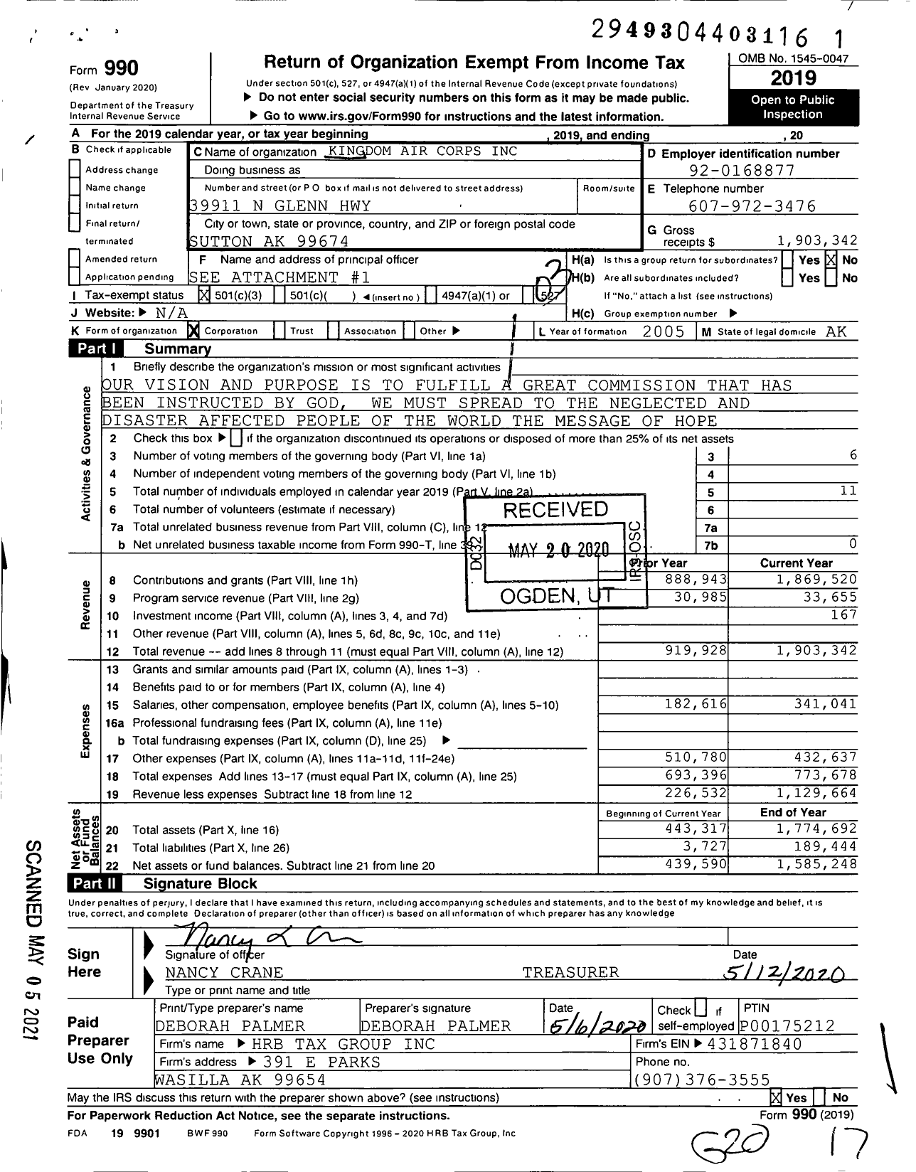 Image of first page of 2019 Form 990 for Kingdom Air Corps