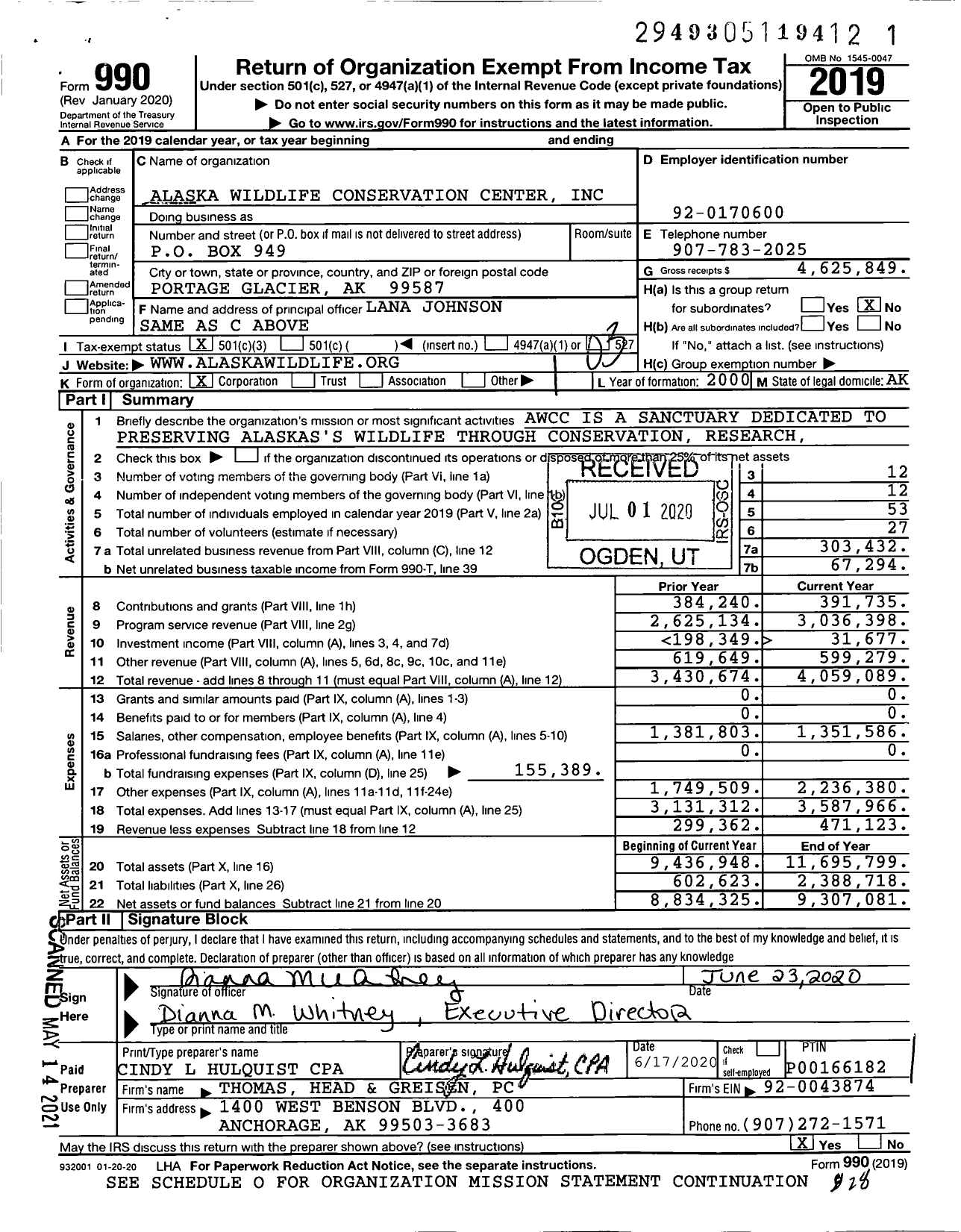 Image of first page of 2019 Form 990 for Alaska Wildlife Conservation Center