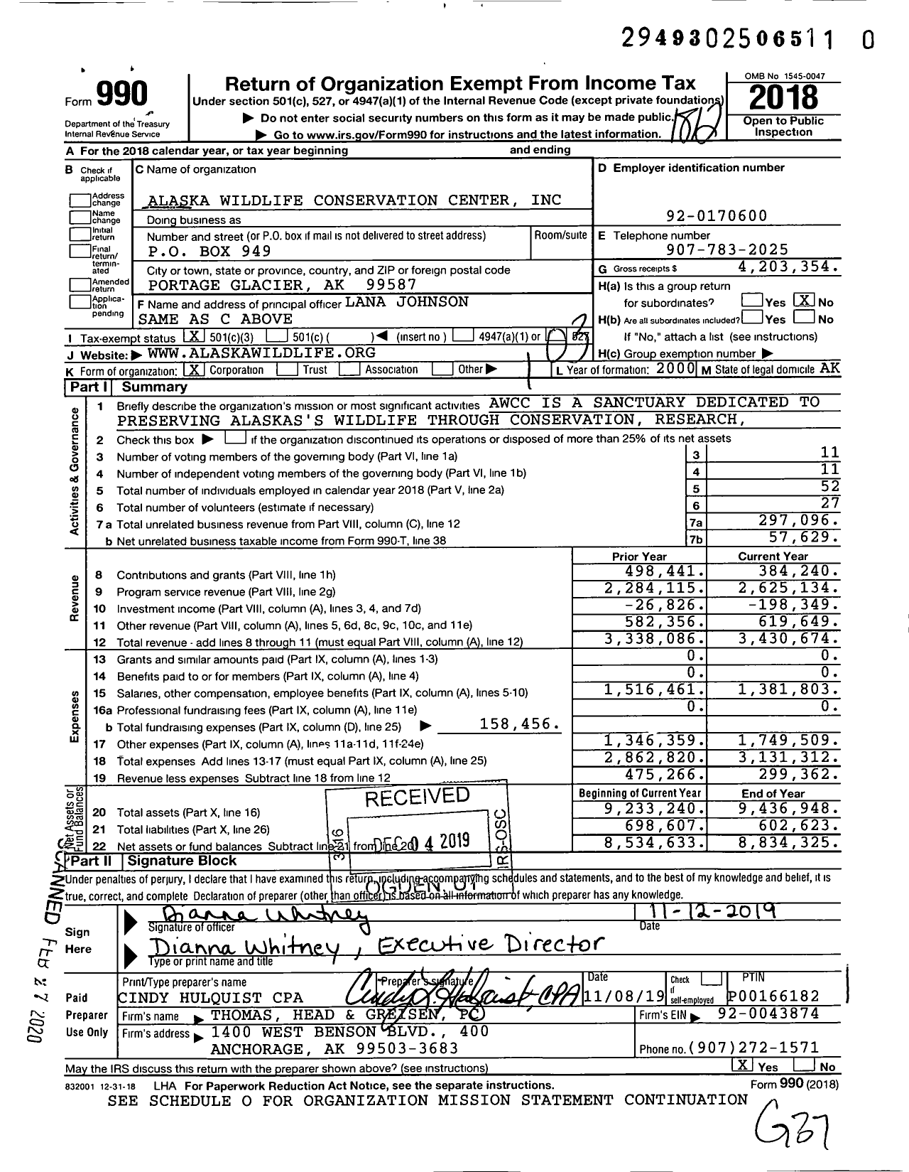 Image of first page of 2018 Form 990 for Alaska Wildlife Conservation Center