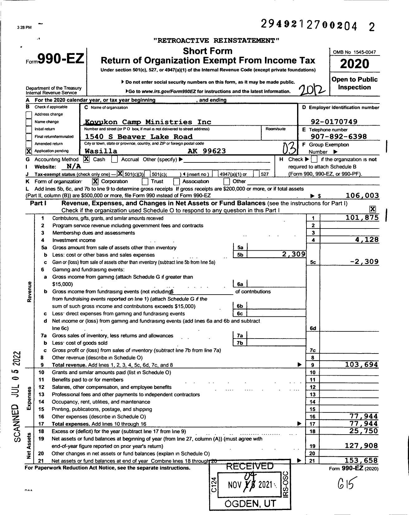 Image of first page of 2020 Form 990EZ for Koyukon Camp Ministries