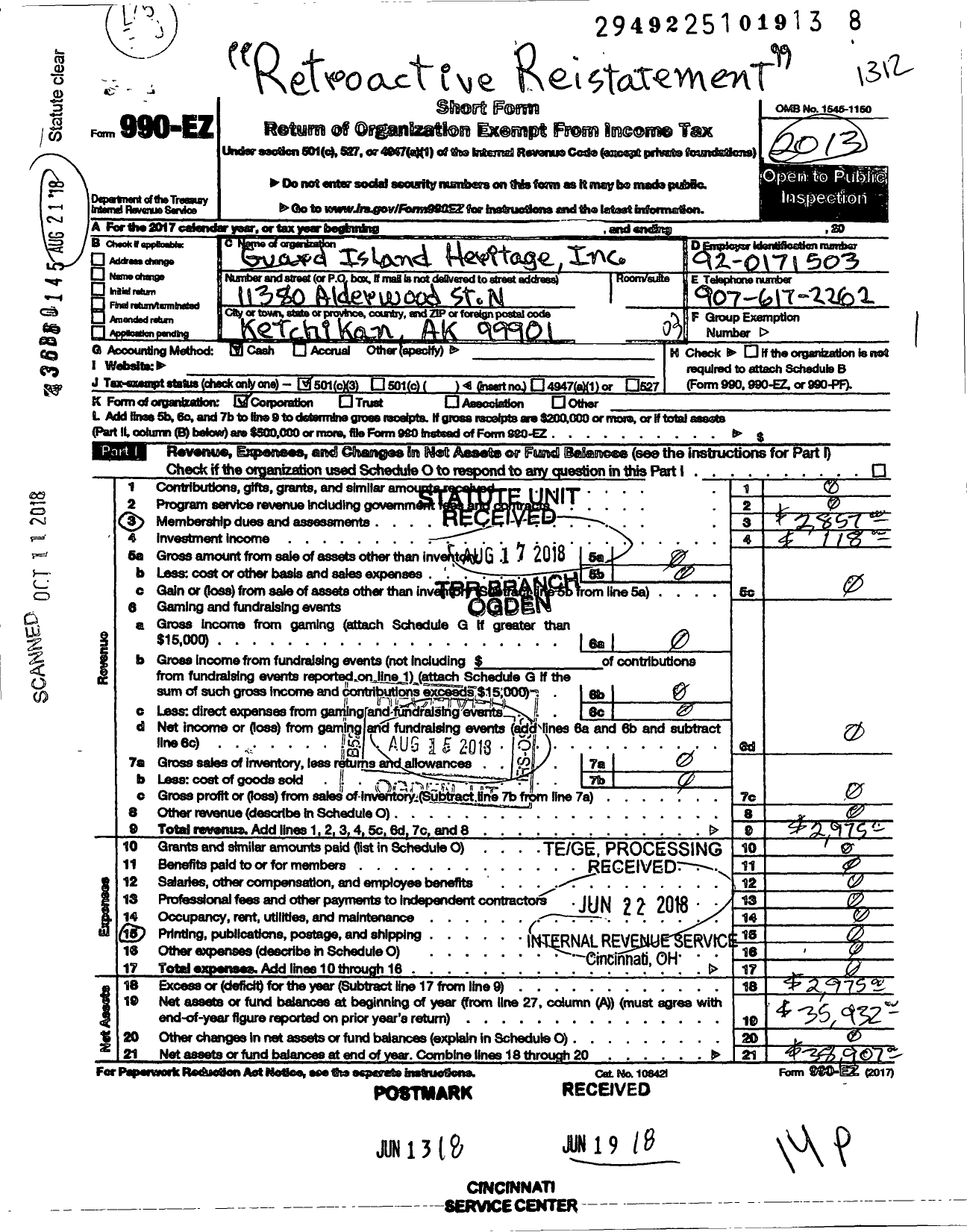 Image of first page of 2013 Form 990EZ for Guard Island Heritage