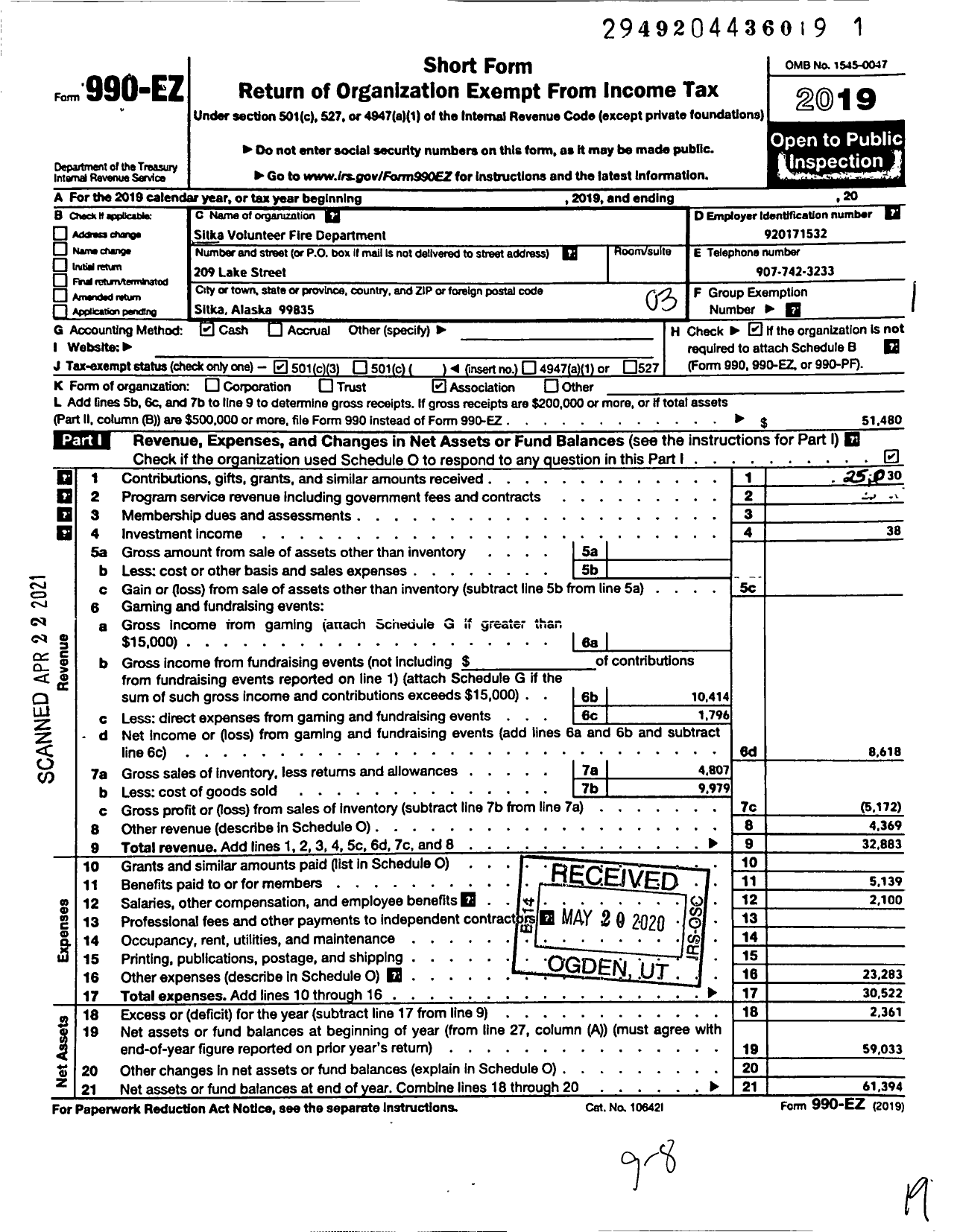 Image of first page of 2019 Form 990EZ for Sitka Volunteer Fire Department