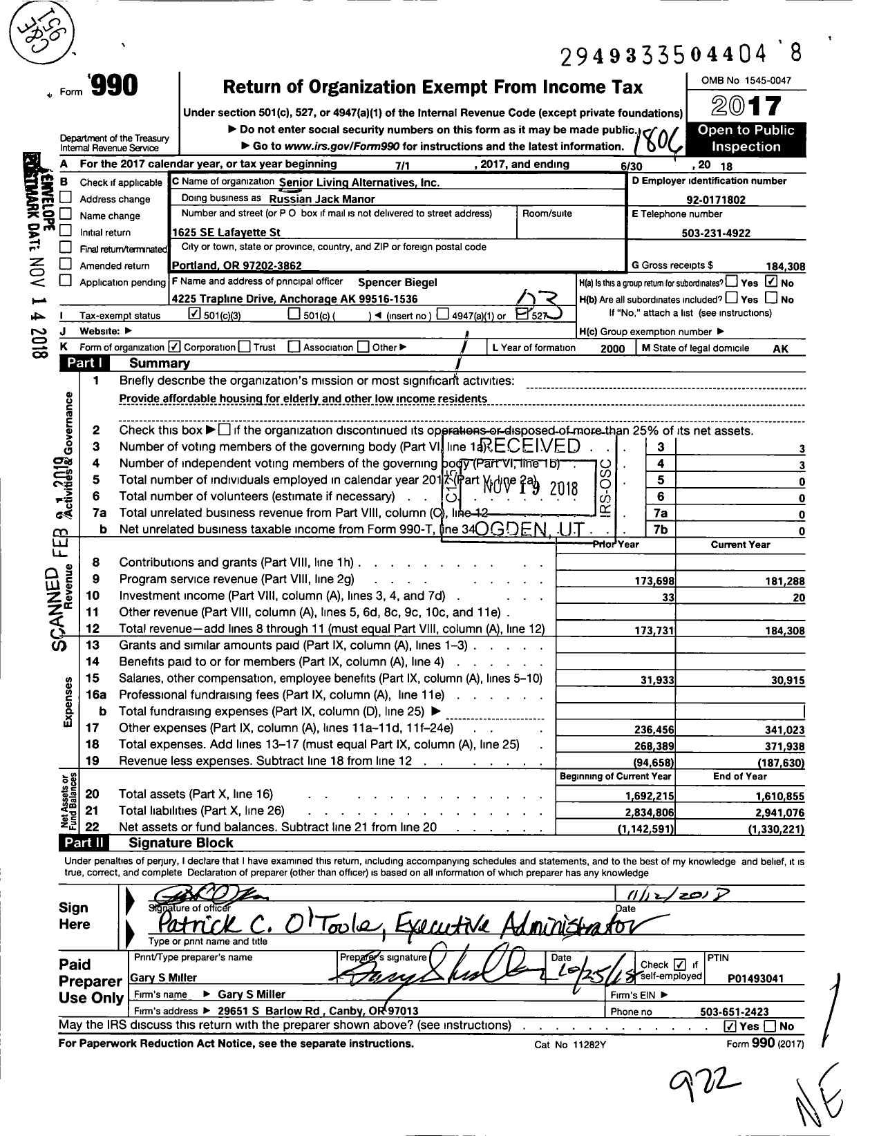 Image of first page of 2017 Form 990 for Russian Jack Manor