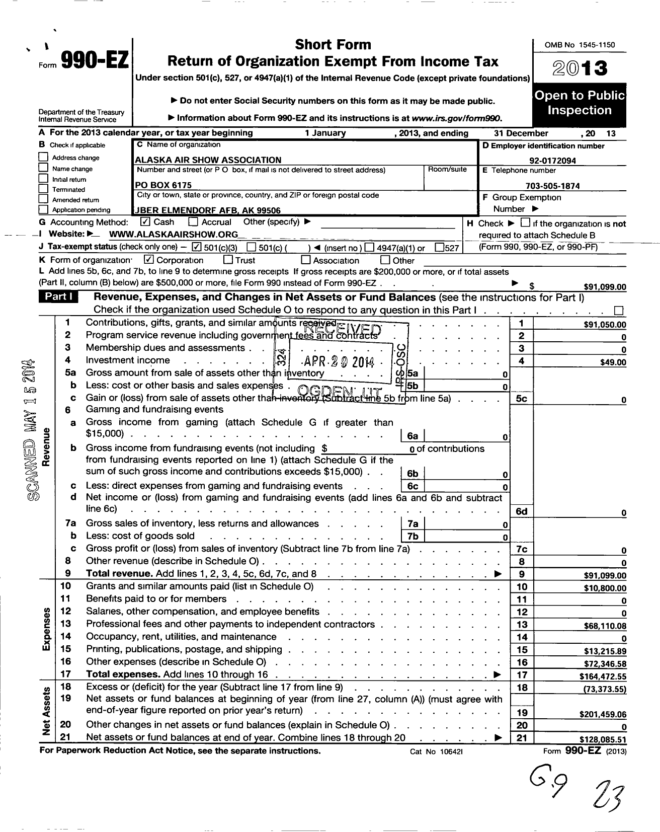 Image of first page of 2013 Form 990EZ for Alaska Air Show Association