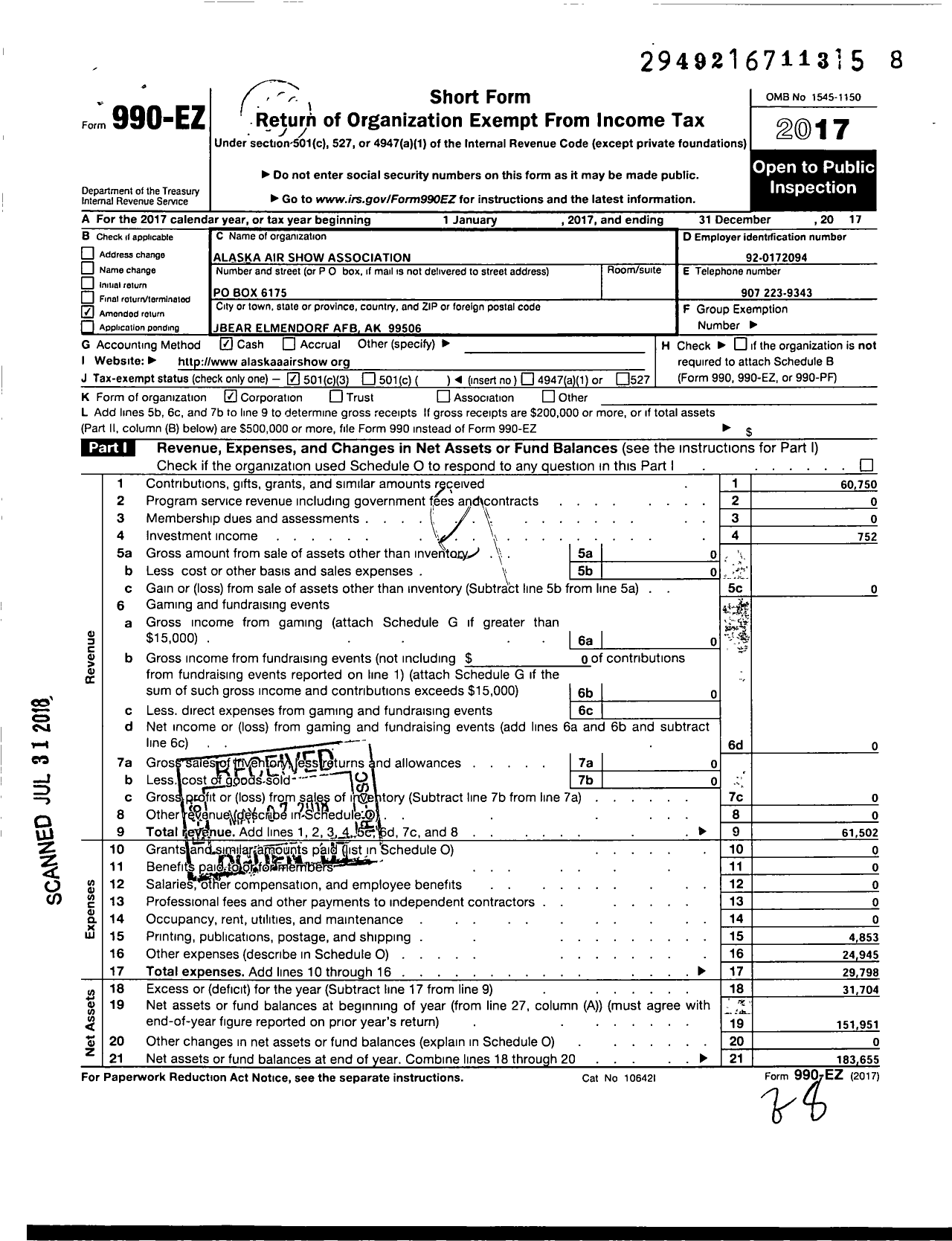 Image of first page of 2017 Form 990EZ for Alaska Air Show Association