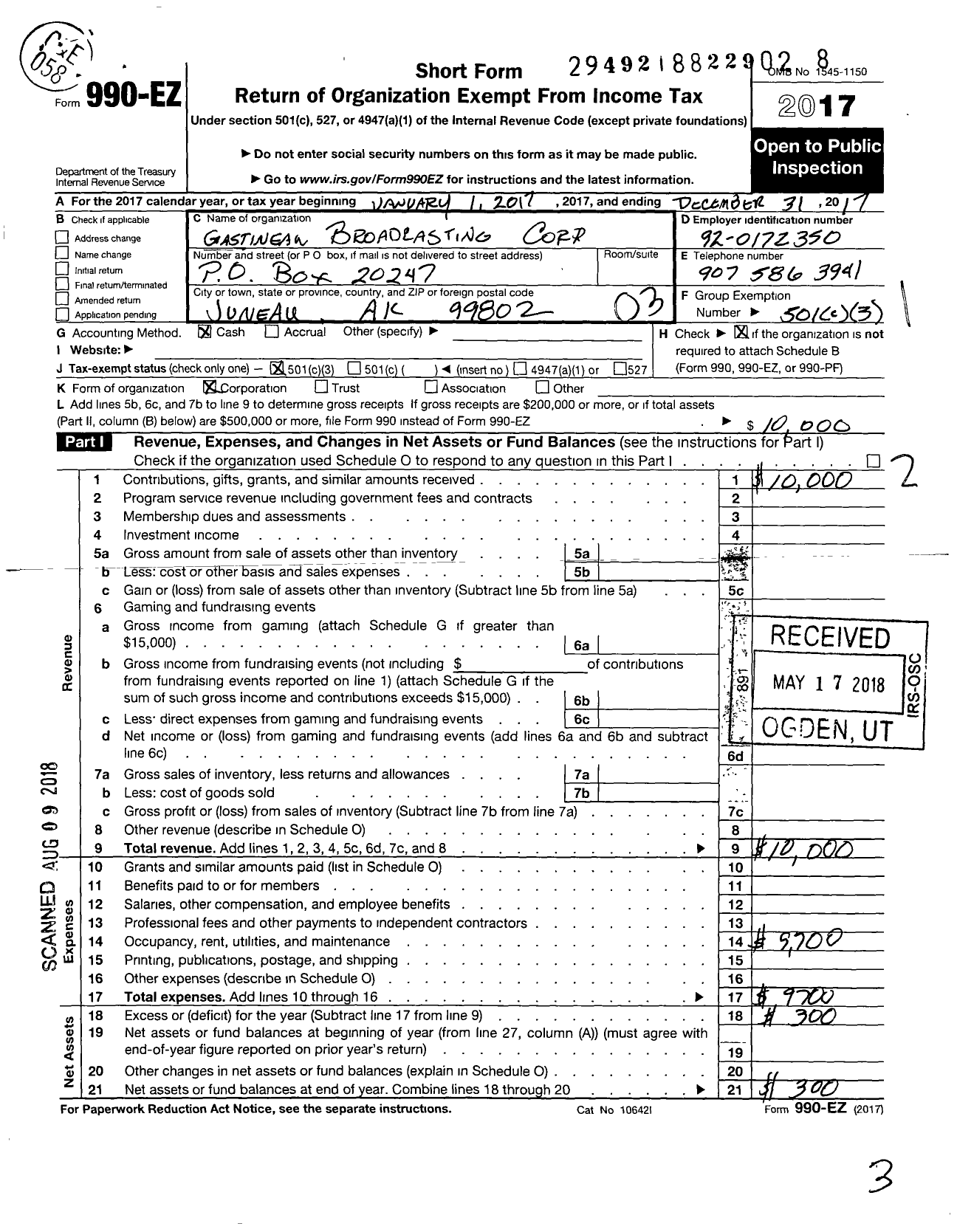 Image of first page of 2017 Form 990EZ for Gastineau Broadcasting Corporation