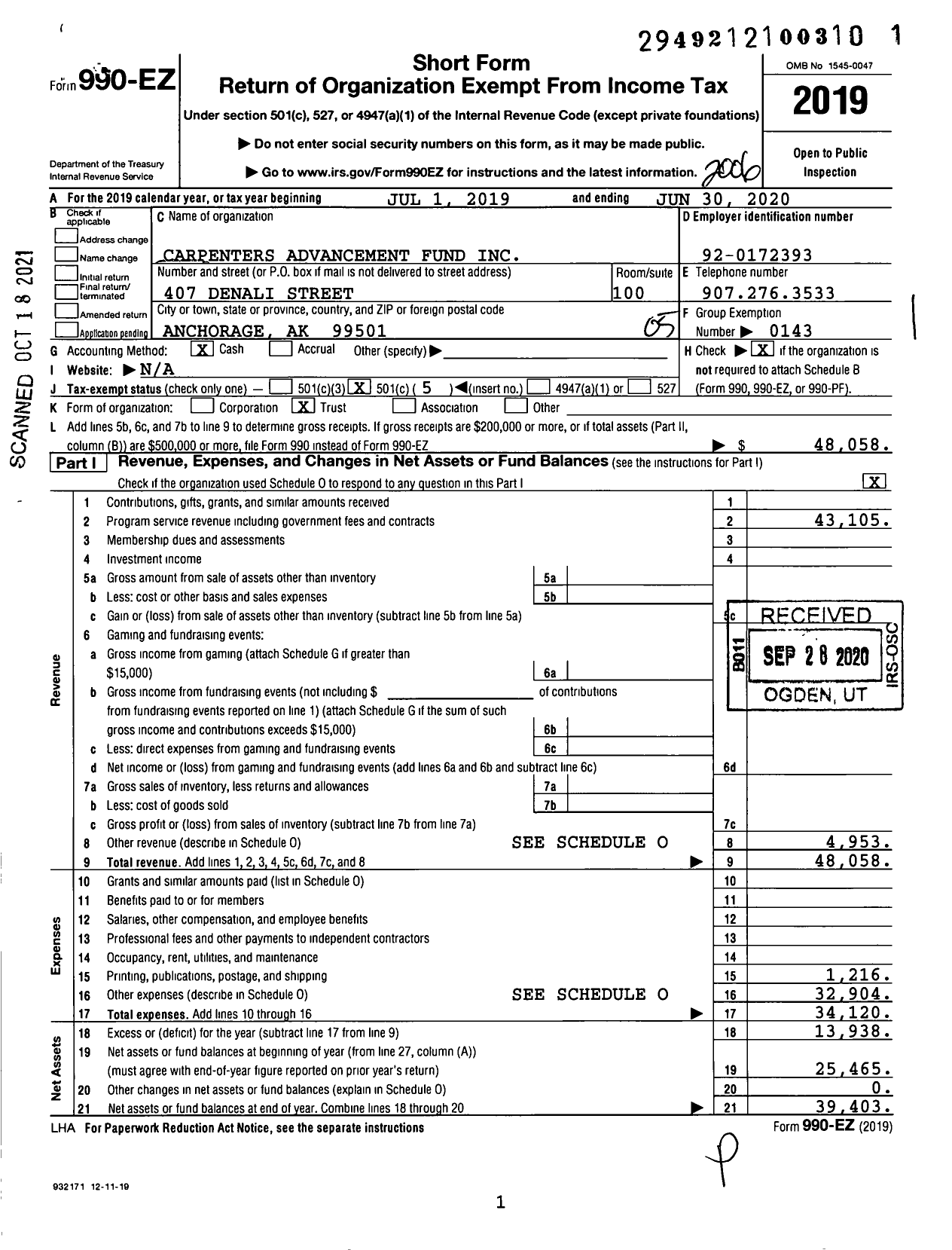Image of first page of 2019 Form 990EO for Carpenters Advancement Fund
