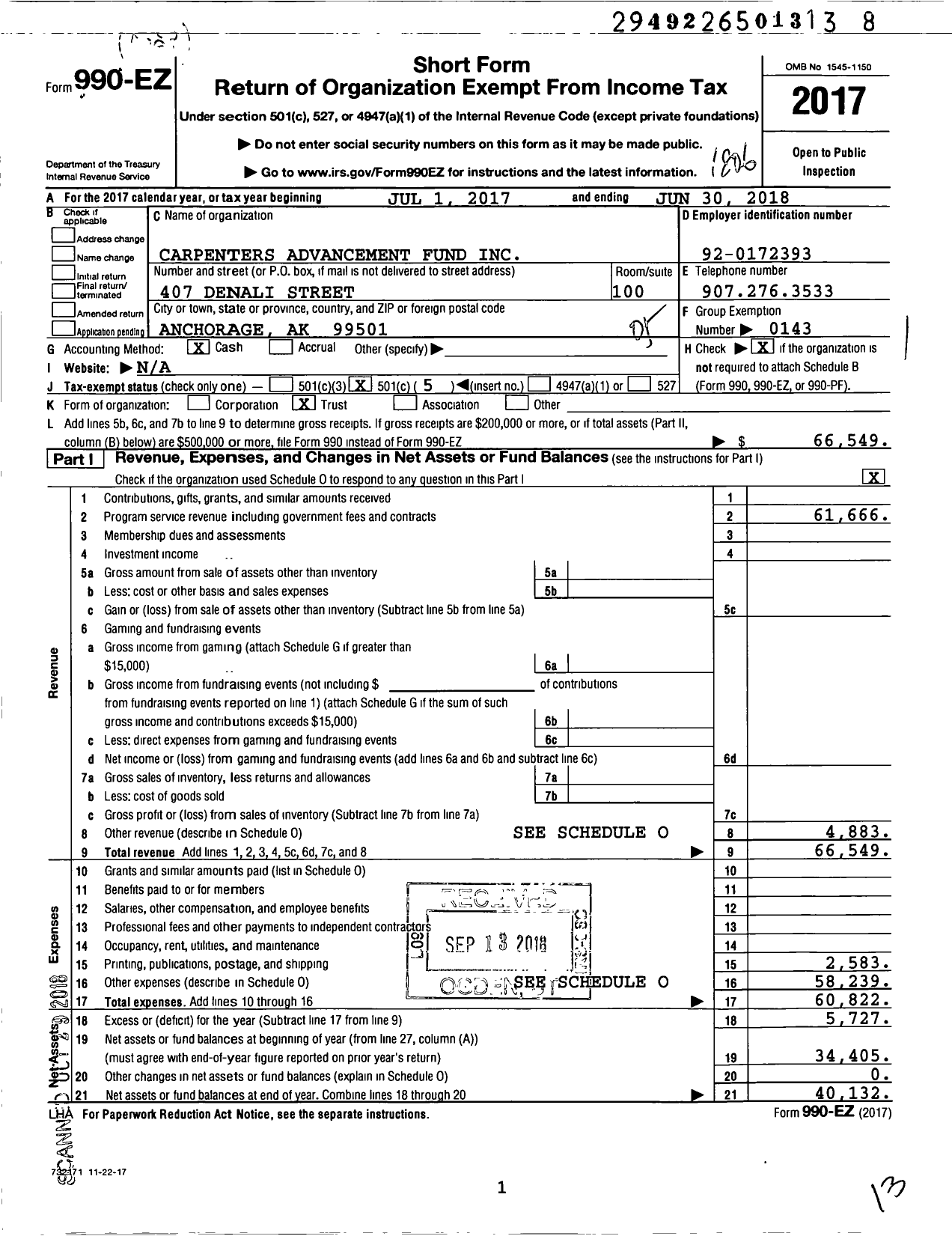 Image of first page of 2017 Form 990EO for Carpenters Advancement Fund