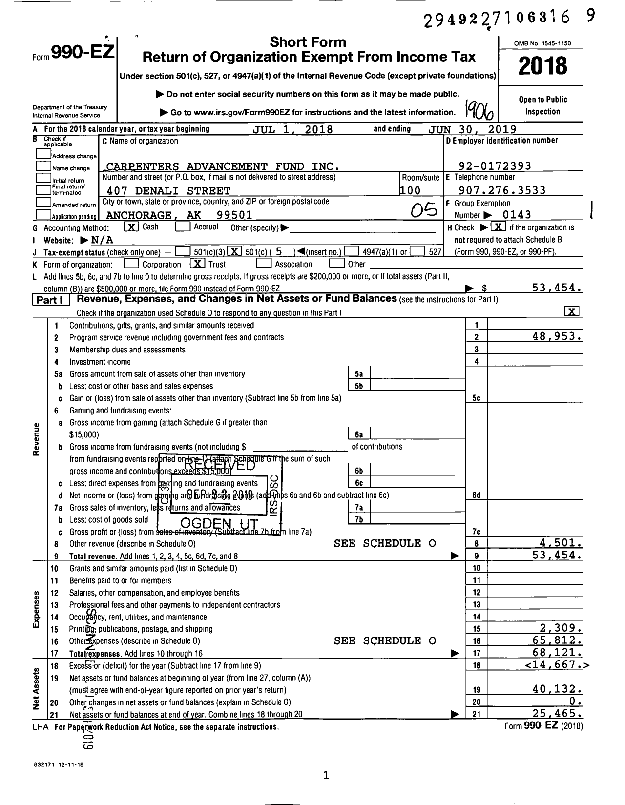 Image of first page of 2018 Form 990EO for Carpenters Advancement Fund