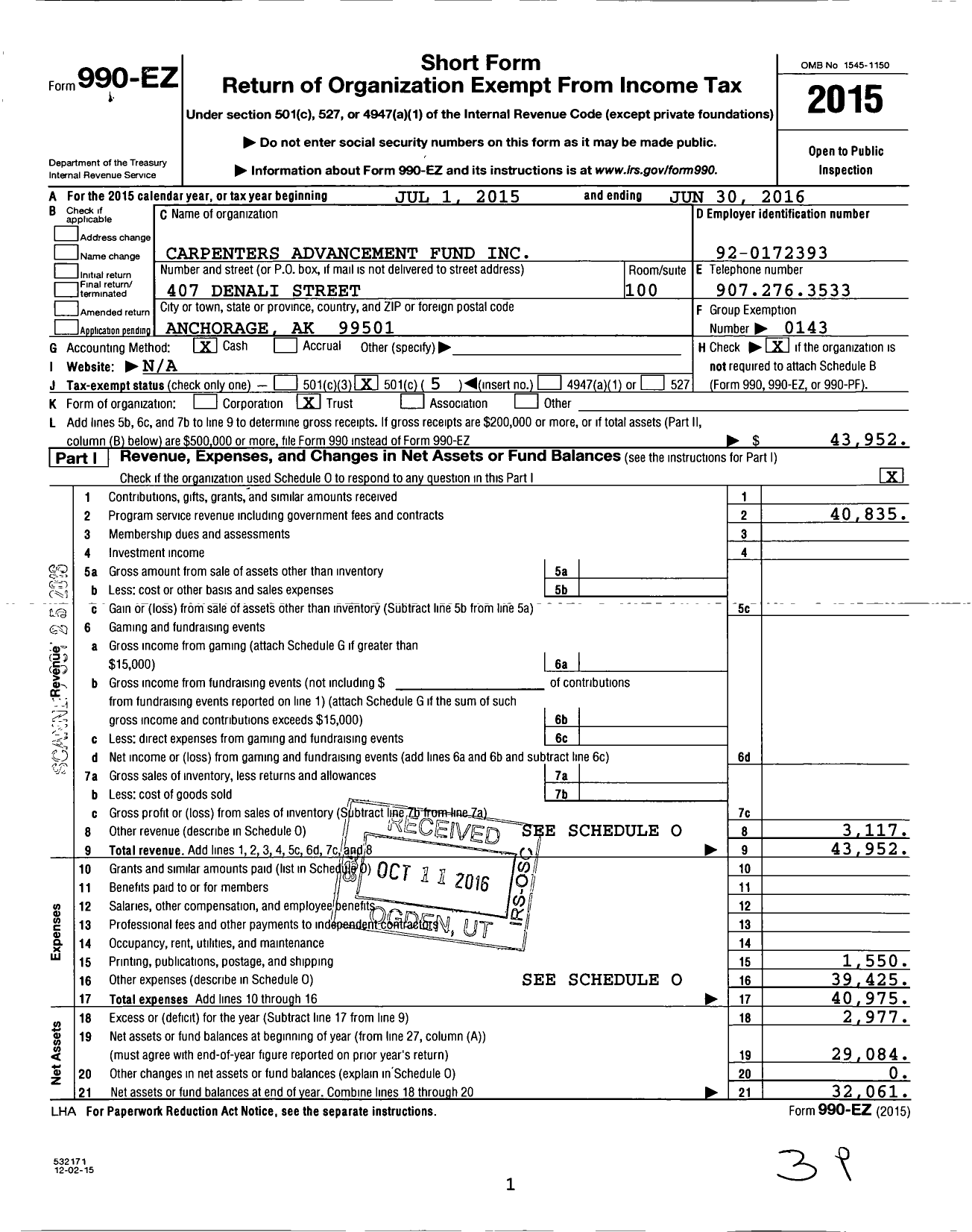 Image of first page of 2015 Form 990EO for Carpenters Advancement Fund