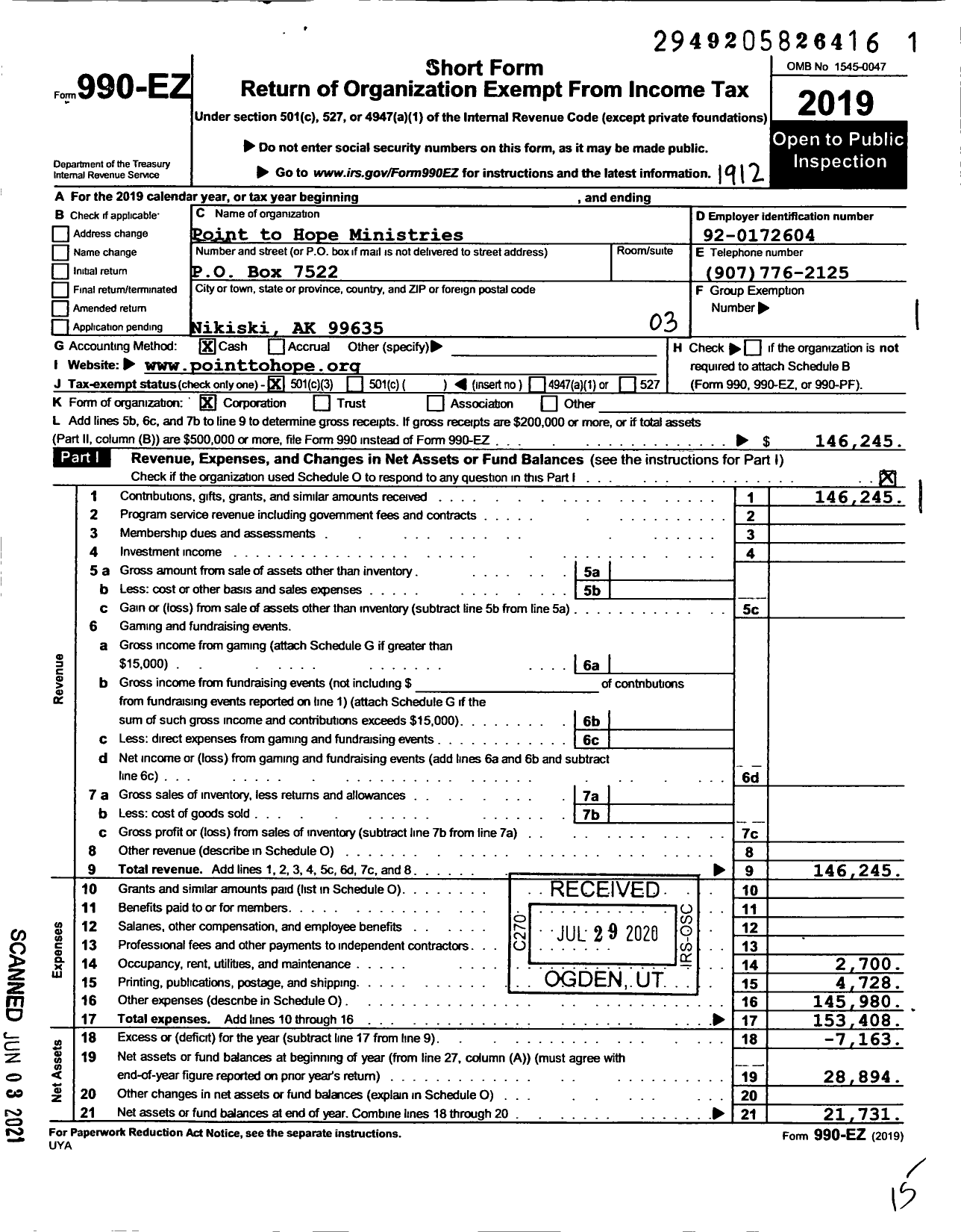 Image of first page of 2019 Form 990EZ for Point to Hope Ministries