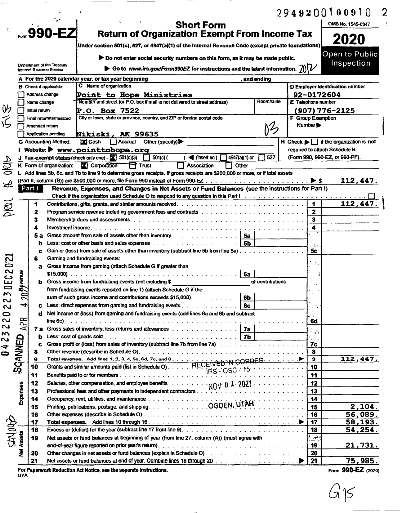 Image of first page of 2020 Form 990EZ for Point to Hope Ministries