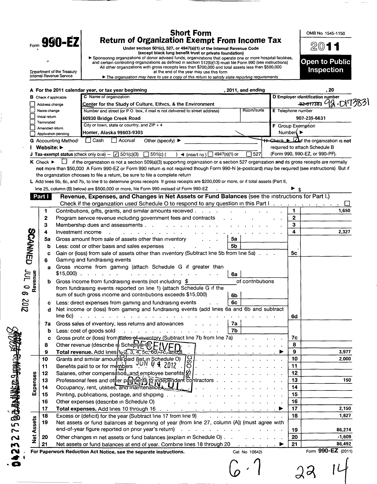 Image of first page of 2011 Form 990EZ for The Center for the Study of Culture Ethics and the Environment