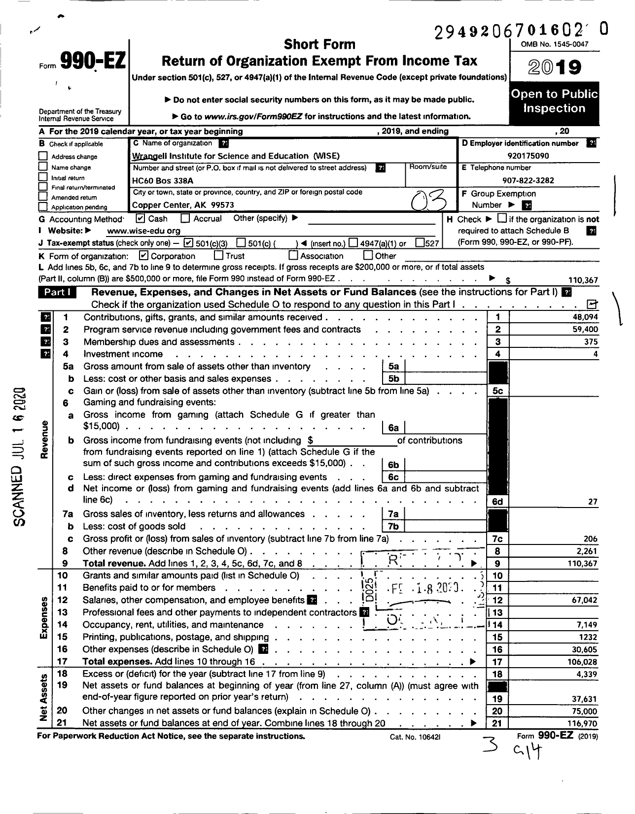 Image of first page of 2019 Form 990EZ for Wrangell Institute for Science and Environment