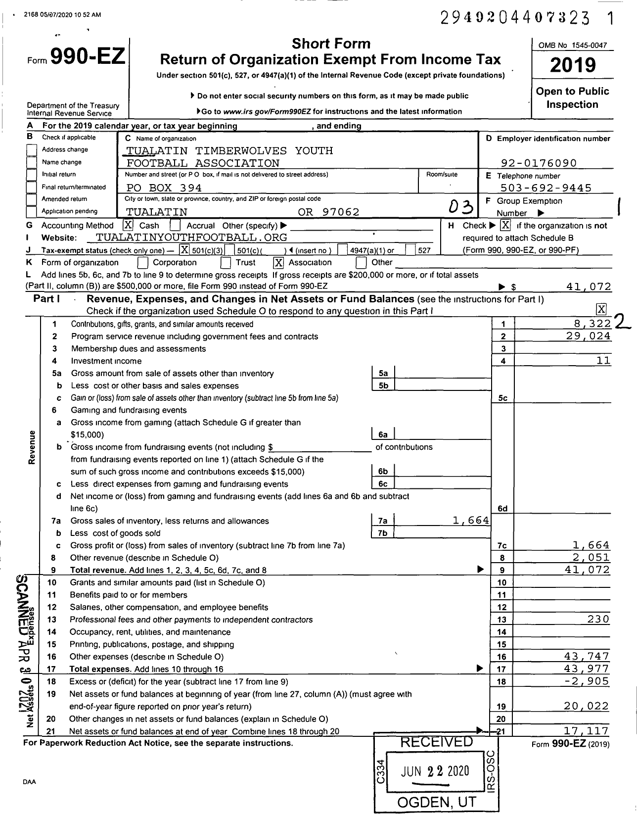 Image of first page of 2019 Form 990EZ for Tualatin Timberwolves Youth Football Association (TYFA)