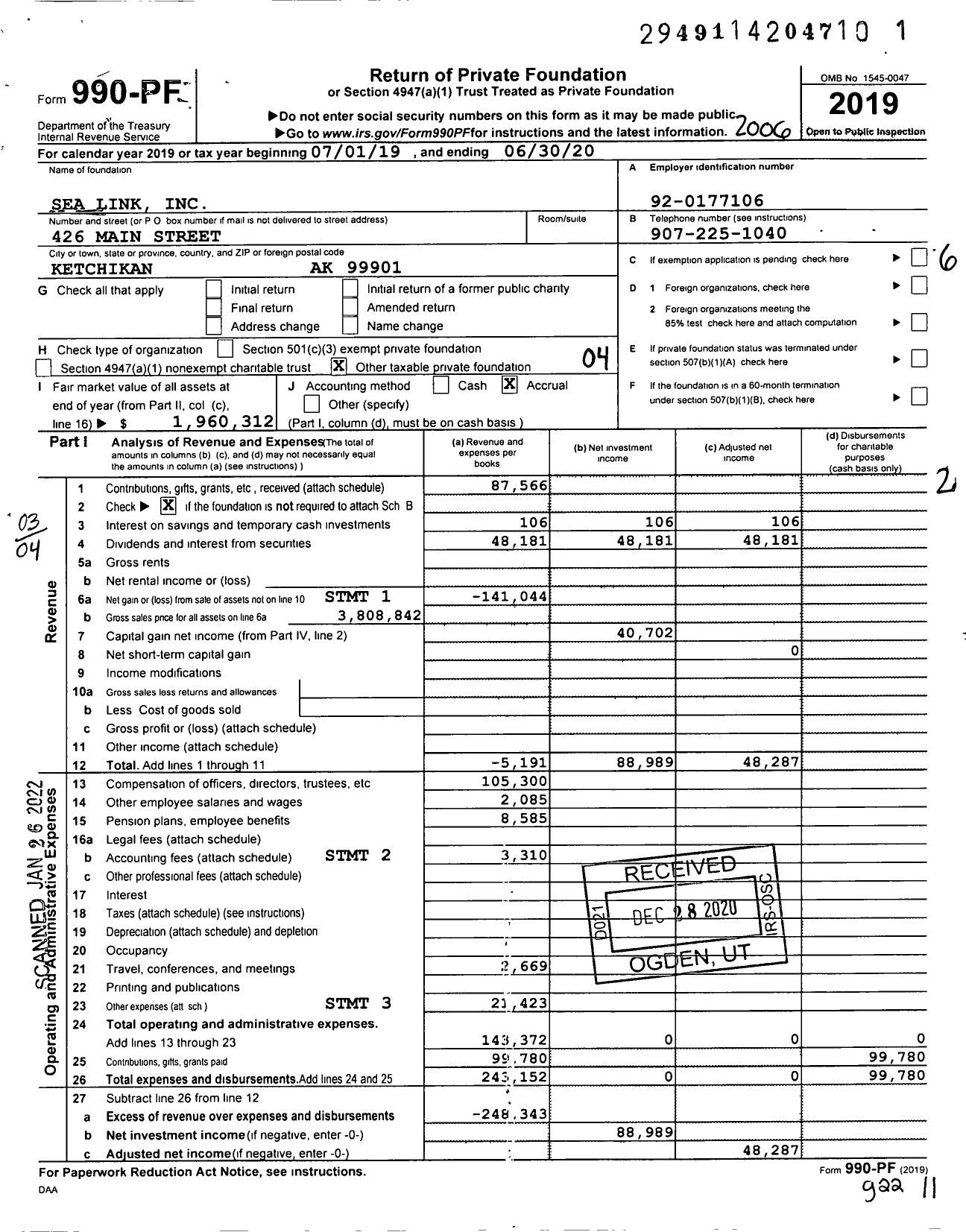 Image of first page of 2019 Form 990PF for Sea Link