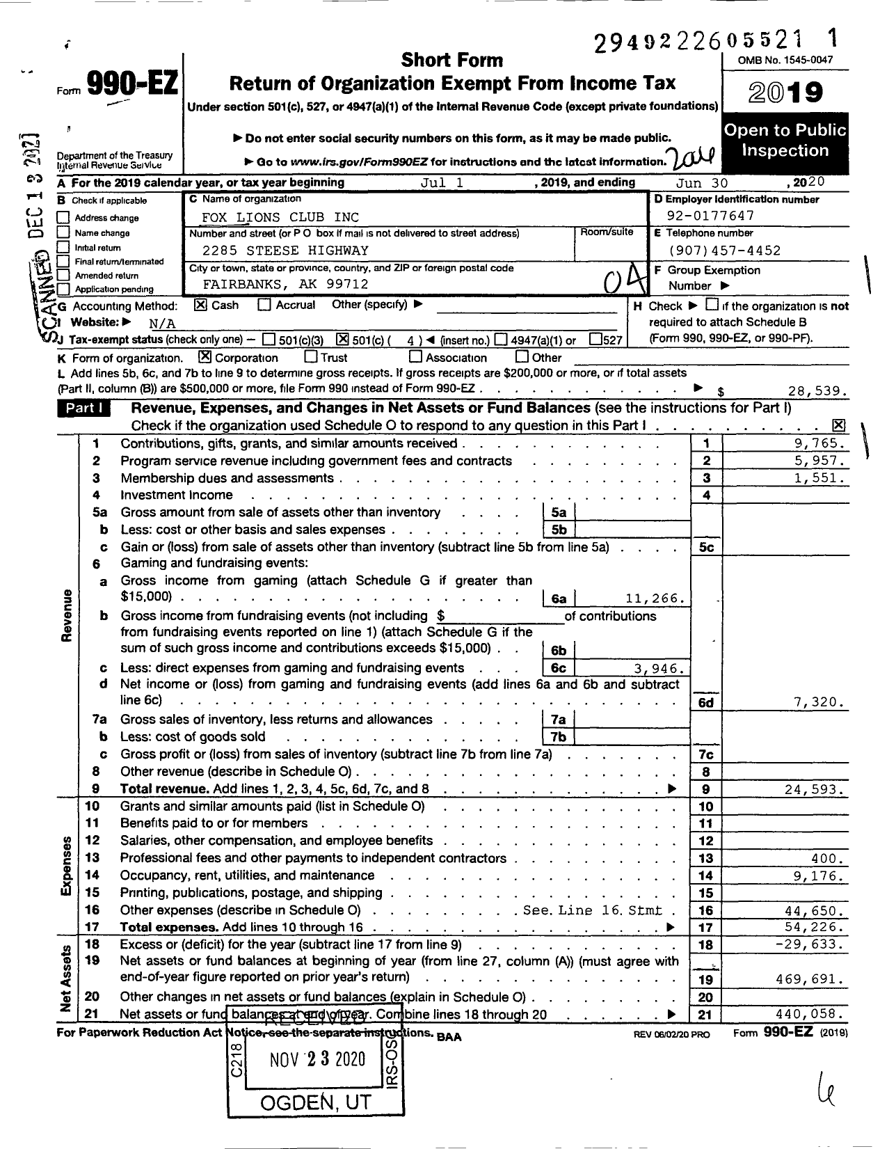 Image of first page of 2019 Form 990EO for Lions Clubs - 14285 Fox