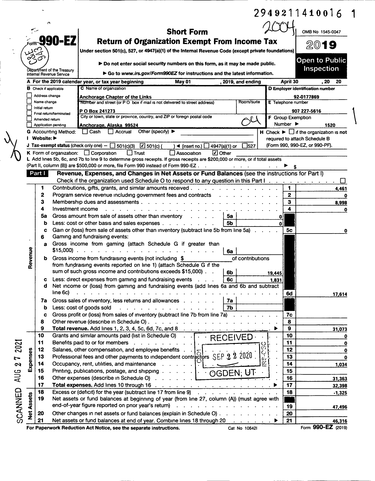 Image of first page of 2019 Form 990EO for Links / Anchorage Chapter