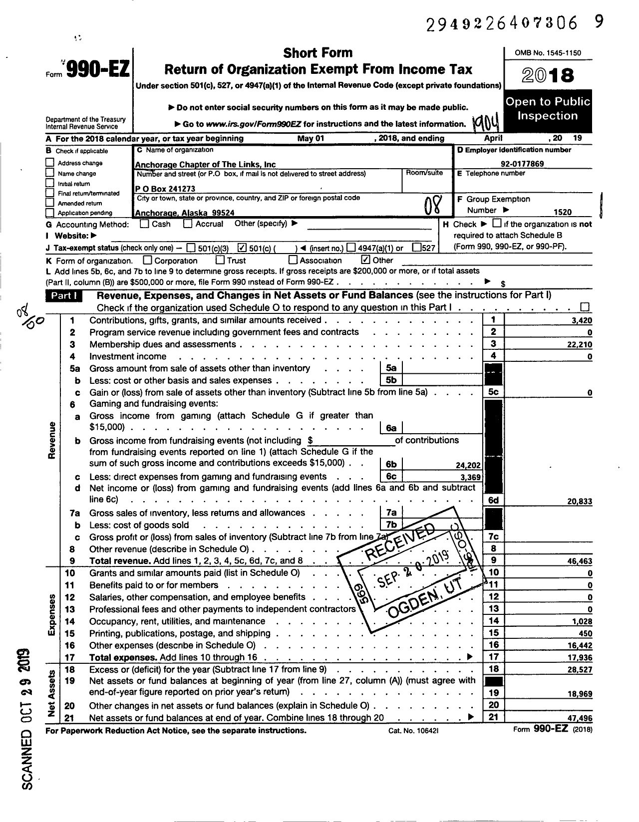 Image of first page of 2018 Form 990EO for Links / Anchorage Chapter