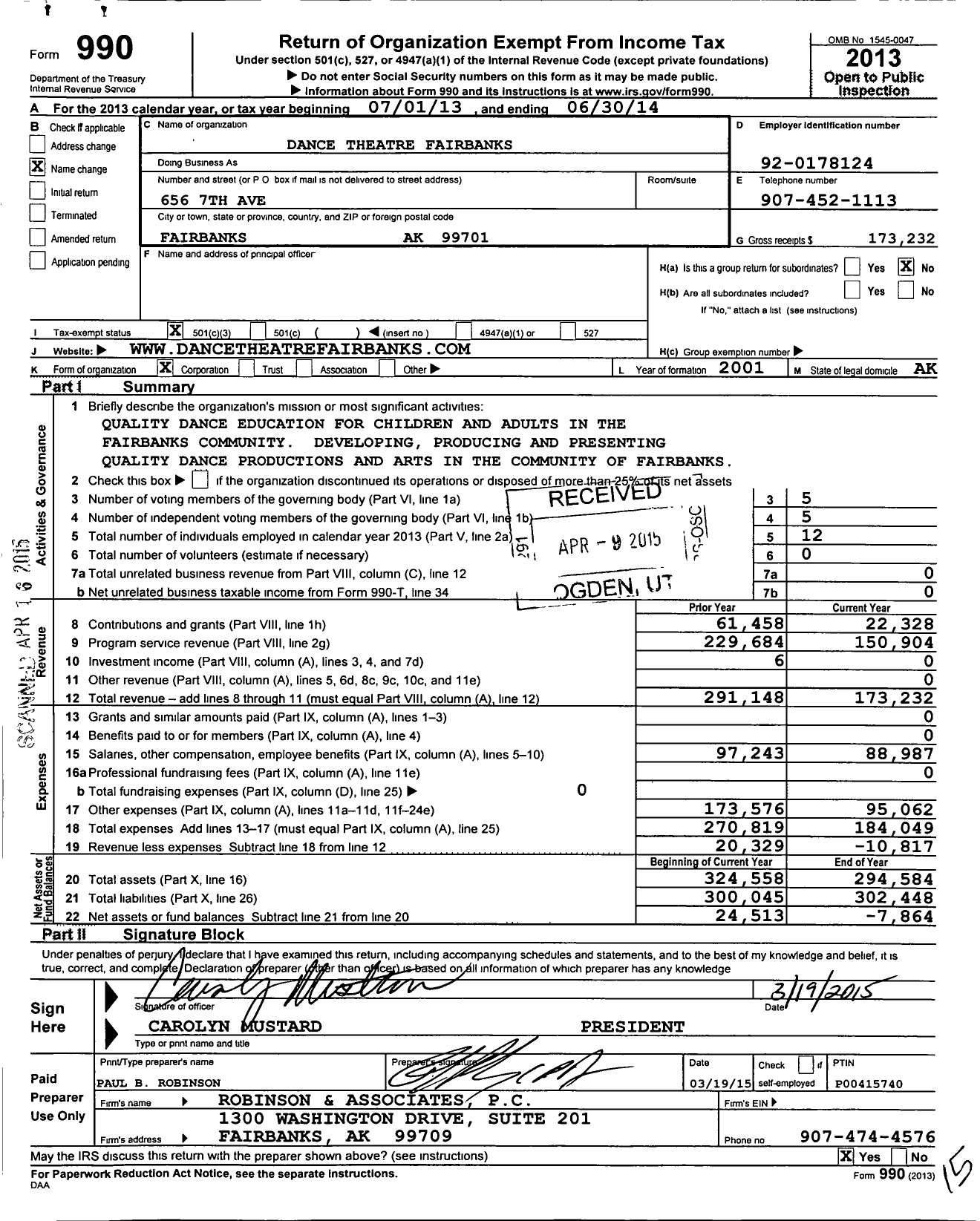 Image of first page of 2013 Form 990 for Dance Theatre Fairbanks