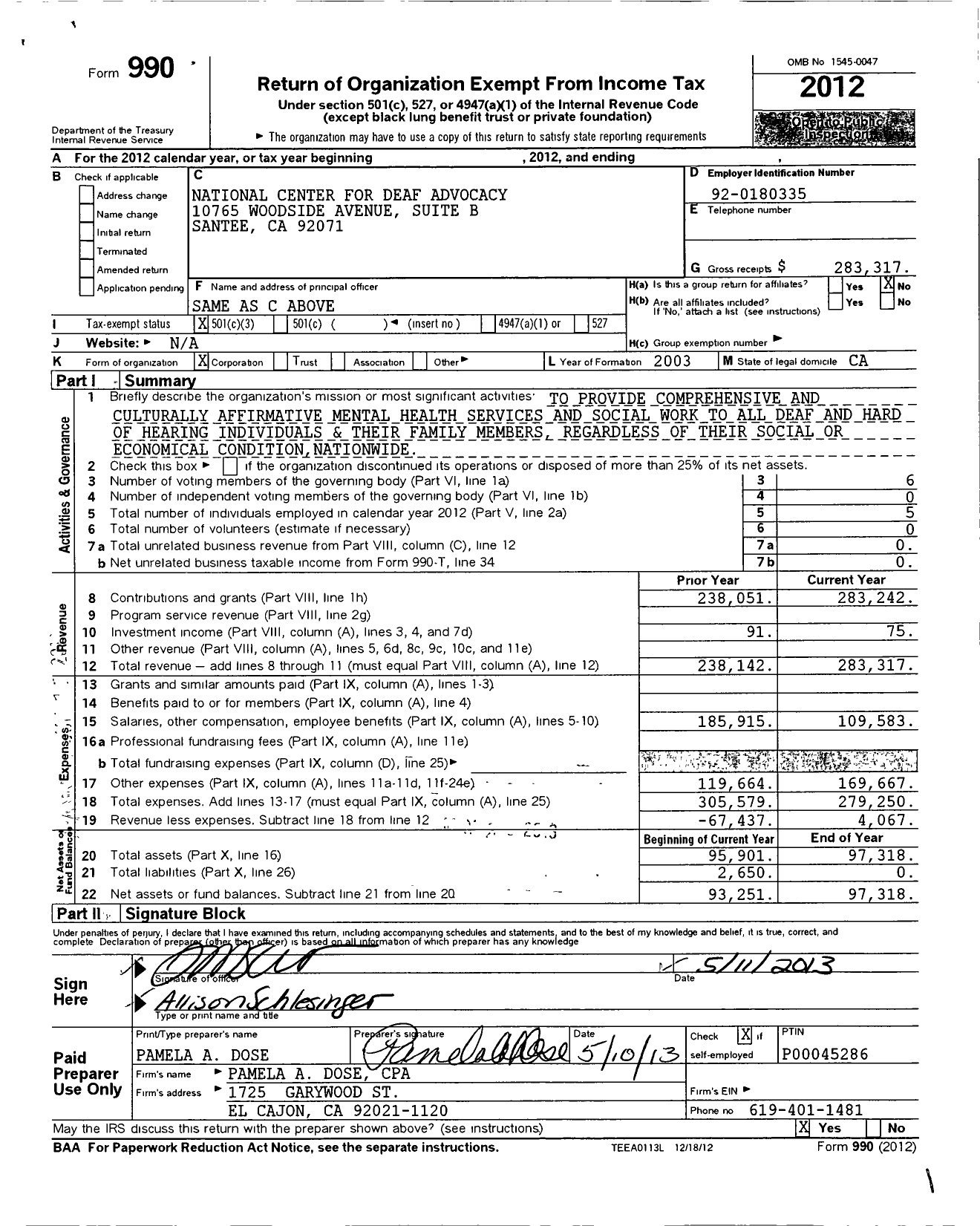 Image of first page of 2012 Form 990 for National Center for Deaf Advocacy