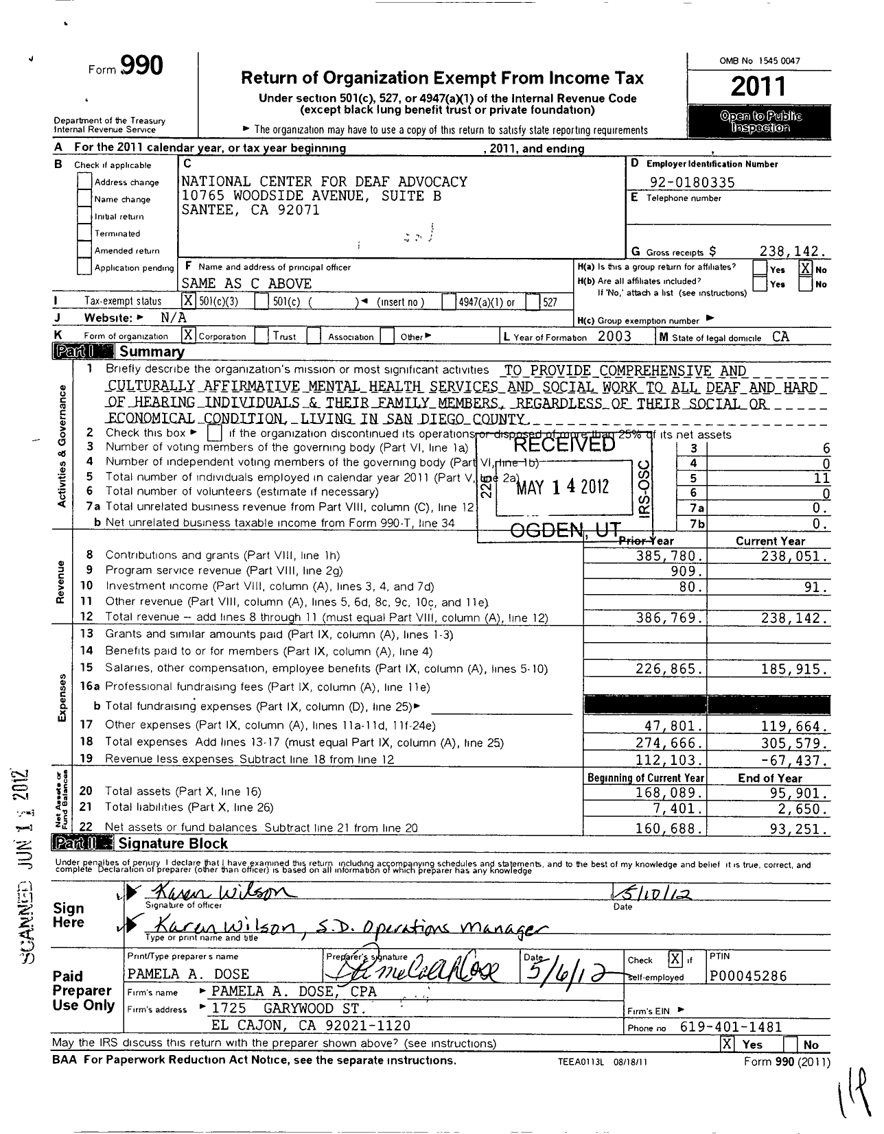 Image of first page of 2011 Form 990 for National Center for Deaf Advocacy