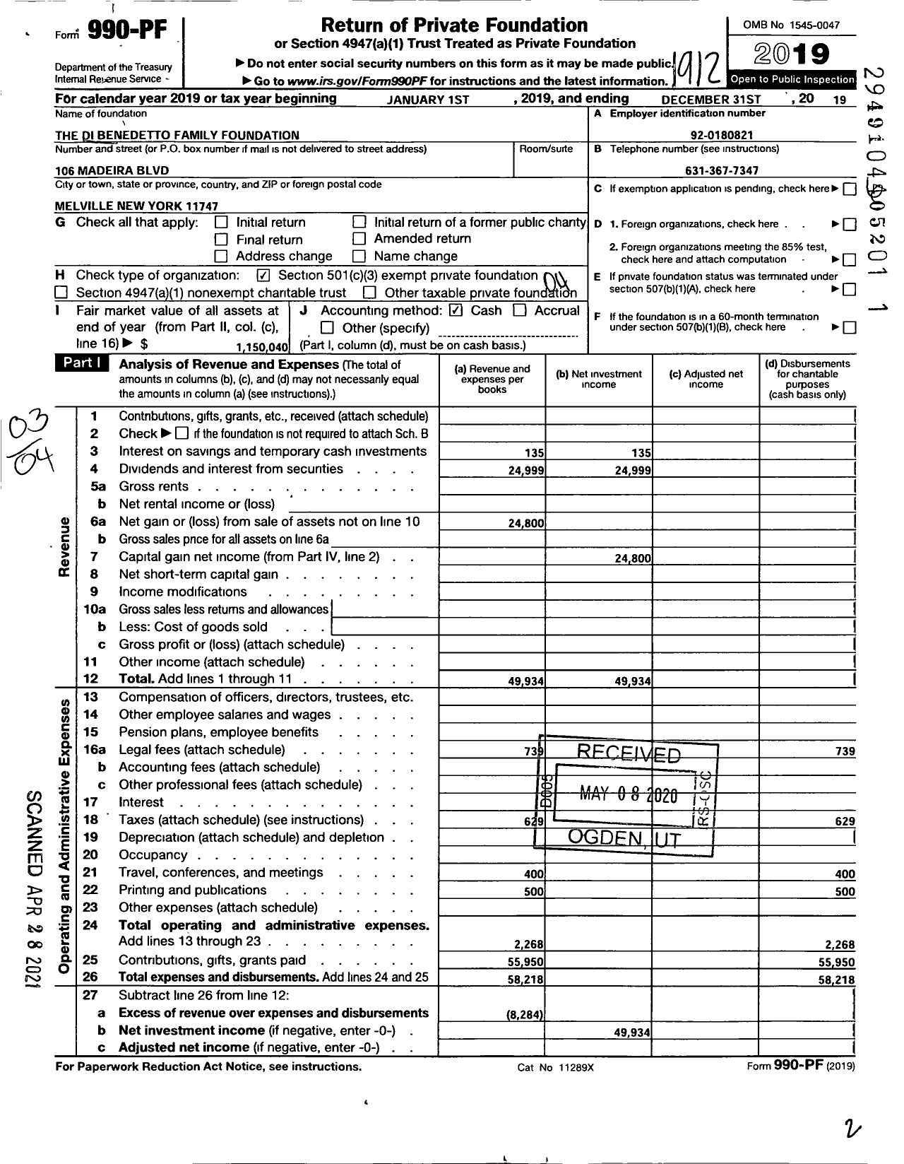 Image of first page of 2019 Form 990PF for Dibenedetto Family Foundation