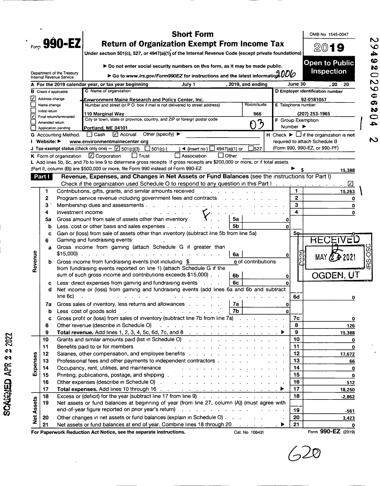 Image of first page of 2019 Form 990EZ for Environment Maine Research and Policy Center